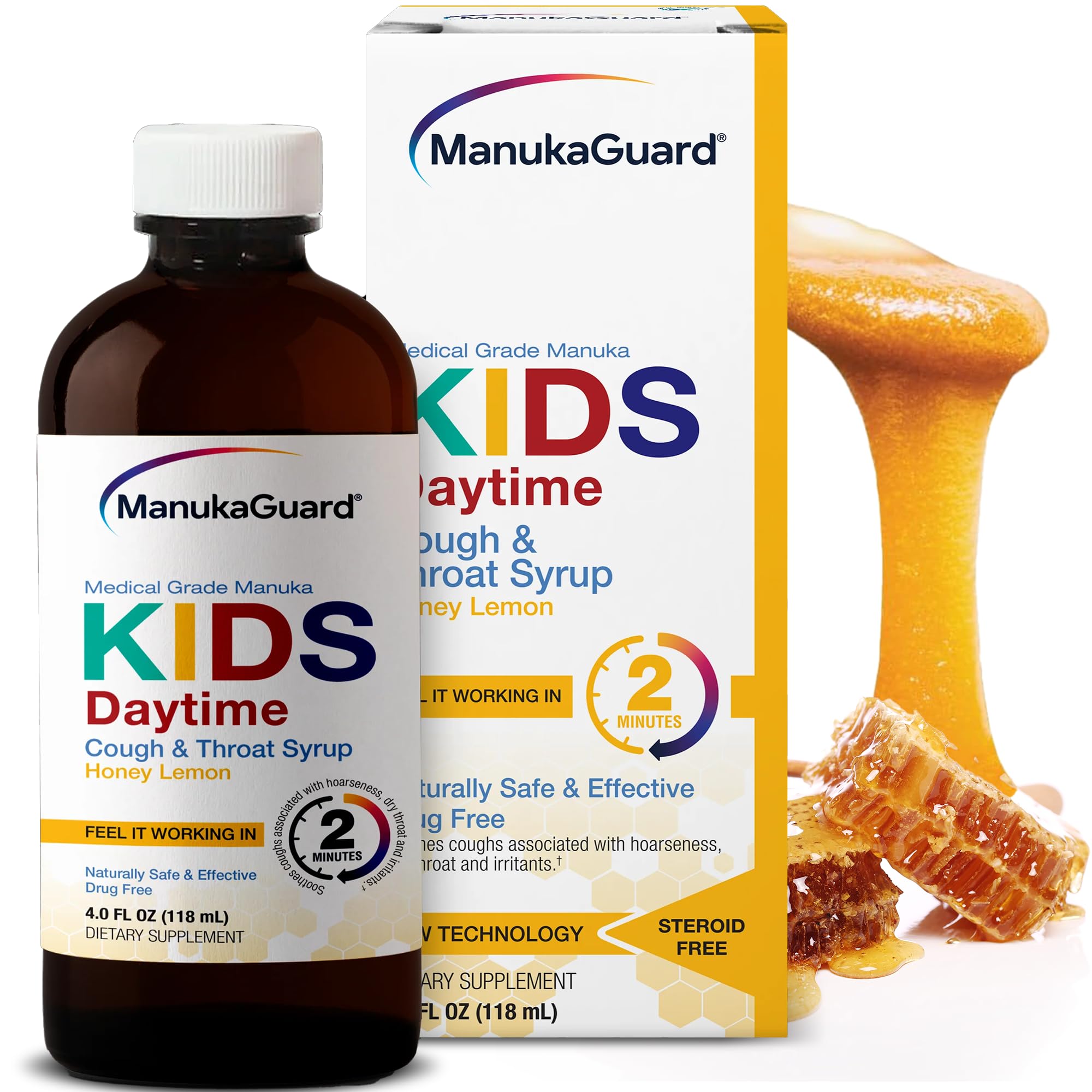 ManukaGuard sirop gorge diurne — bouteille: soulagement naturel potentiel pour la gorge des enfants.