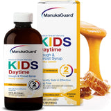 ManukaGuard sirop gorge diurne — bouteille: soulagement naturel potentiel pour la gorge des enfants.