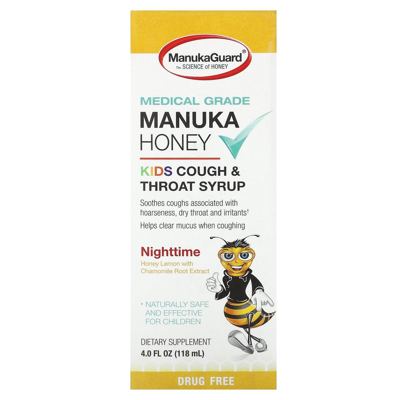 ManukaGuard sirop pour la gorge des enfants, bouteille prête à l'utilisation nocturne.