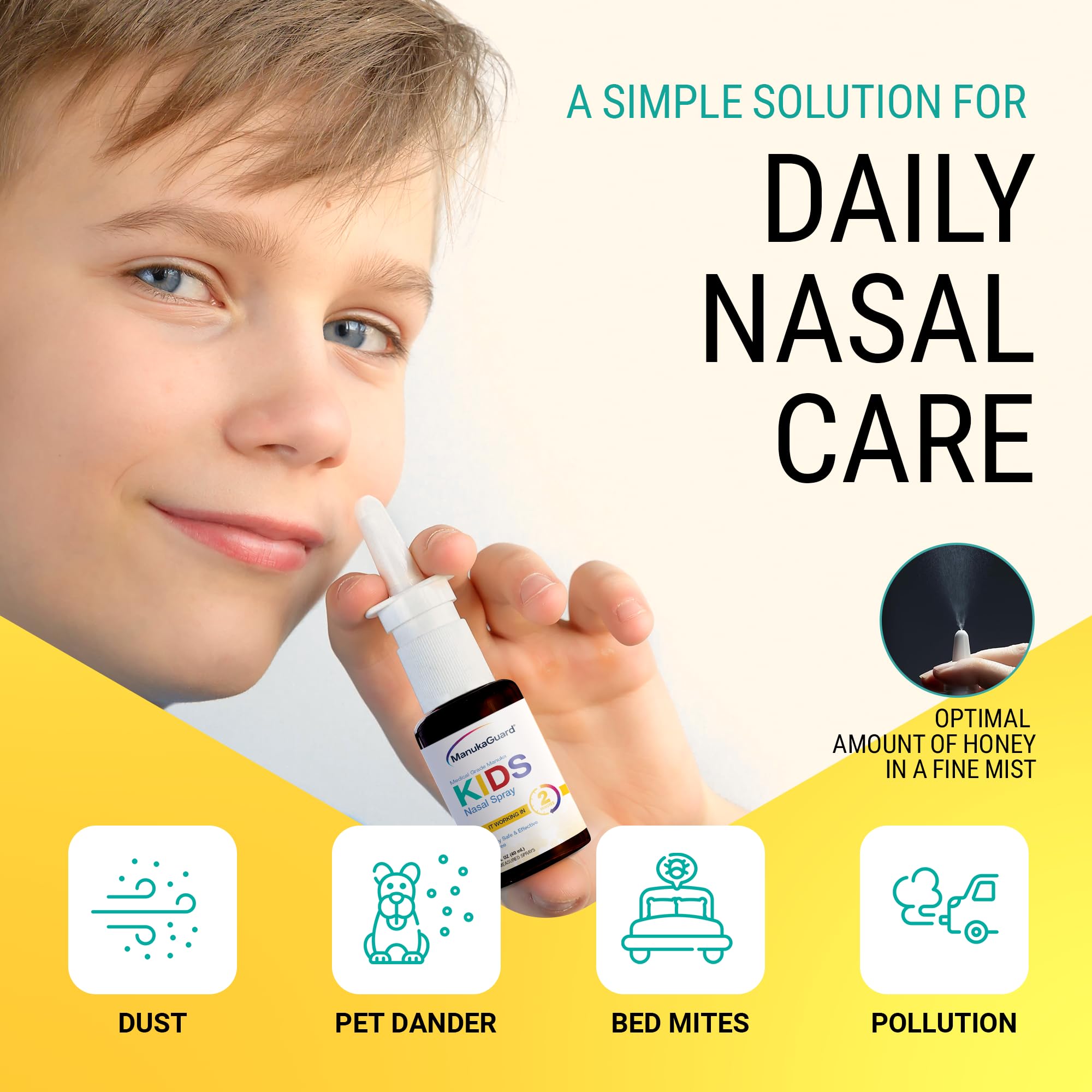 ManukaGuard Kids Spray nasal, emballage clair pour facilité d’utilisation.