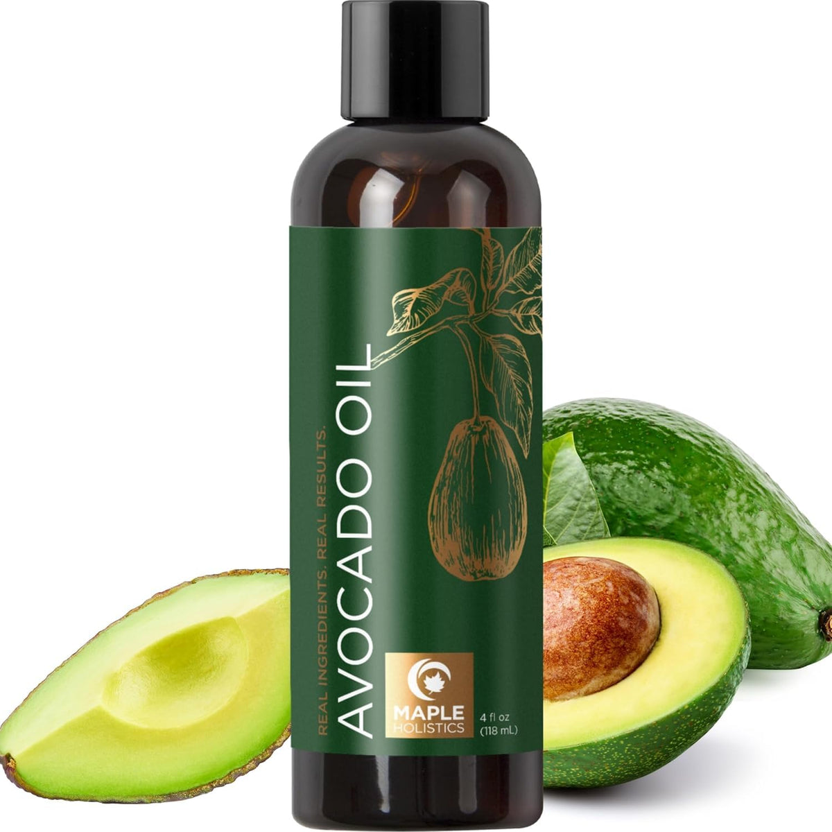 Maple Holistics Avocat Huile – bouteille, hydratation polyvalente pour peau et cheveux.