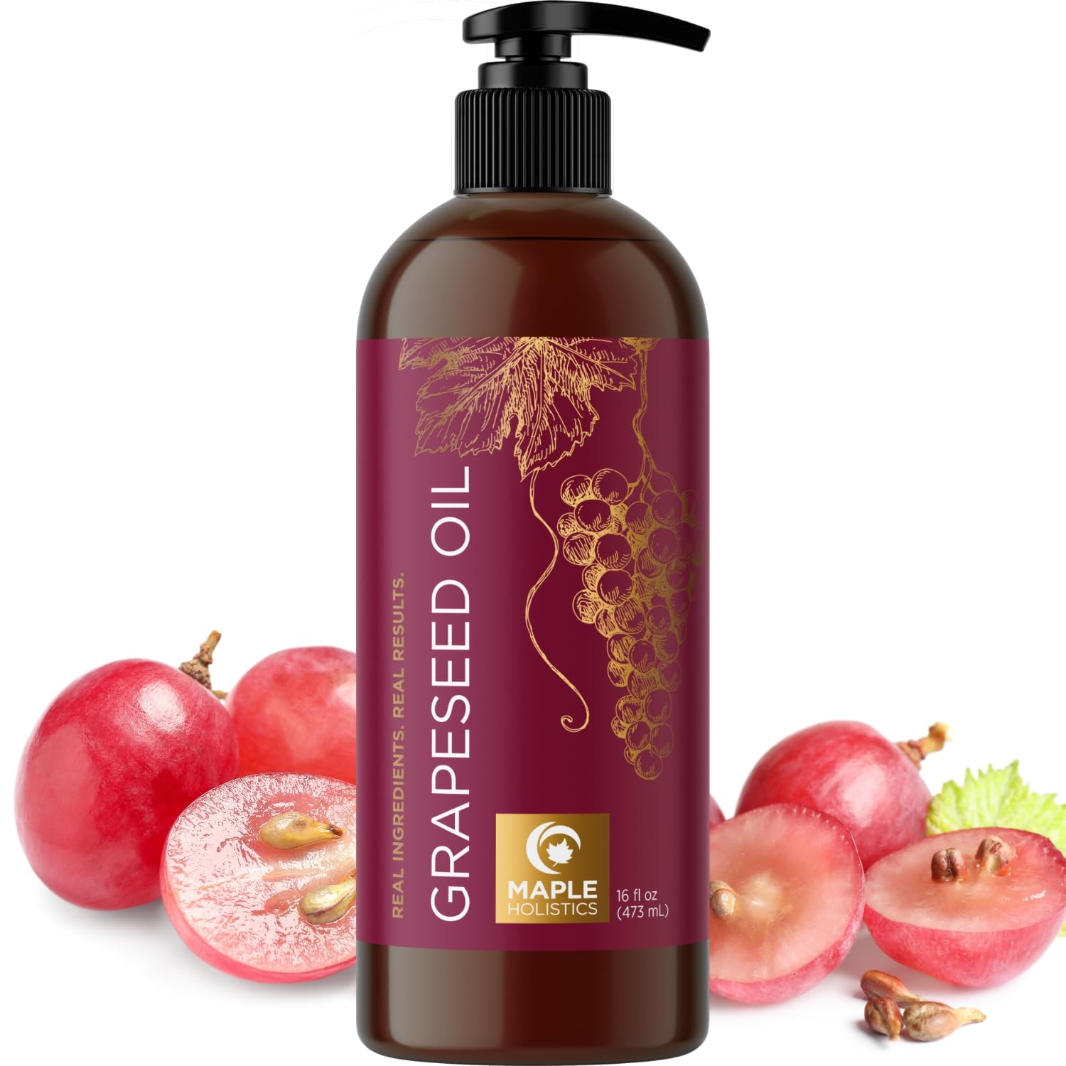 Maple Holistics huile de pépins de raisin en bouteille en verre, hydratante pour cheveux.