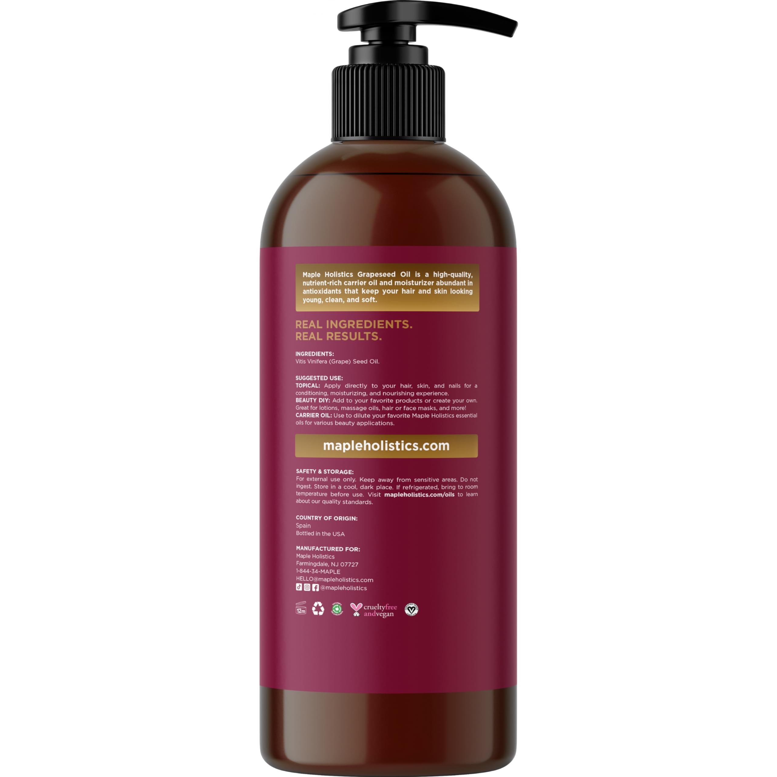 Maple Holistics huile pépins raisin, hydratation facile pour peau sèche.
