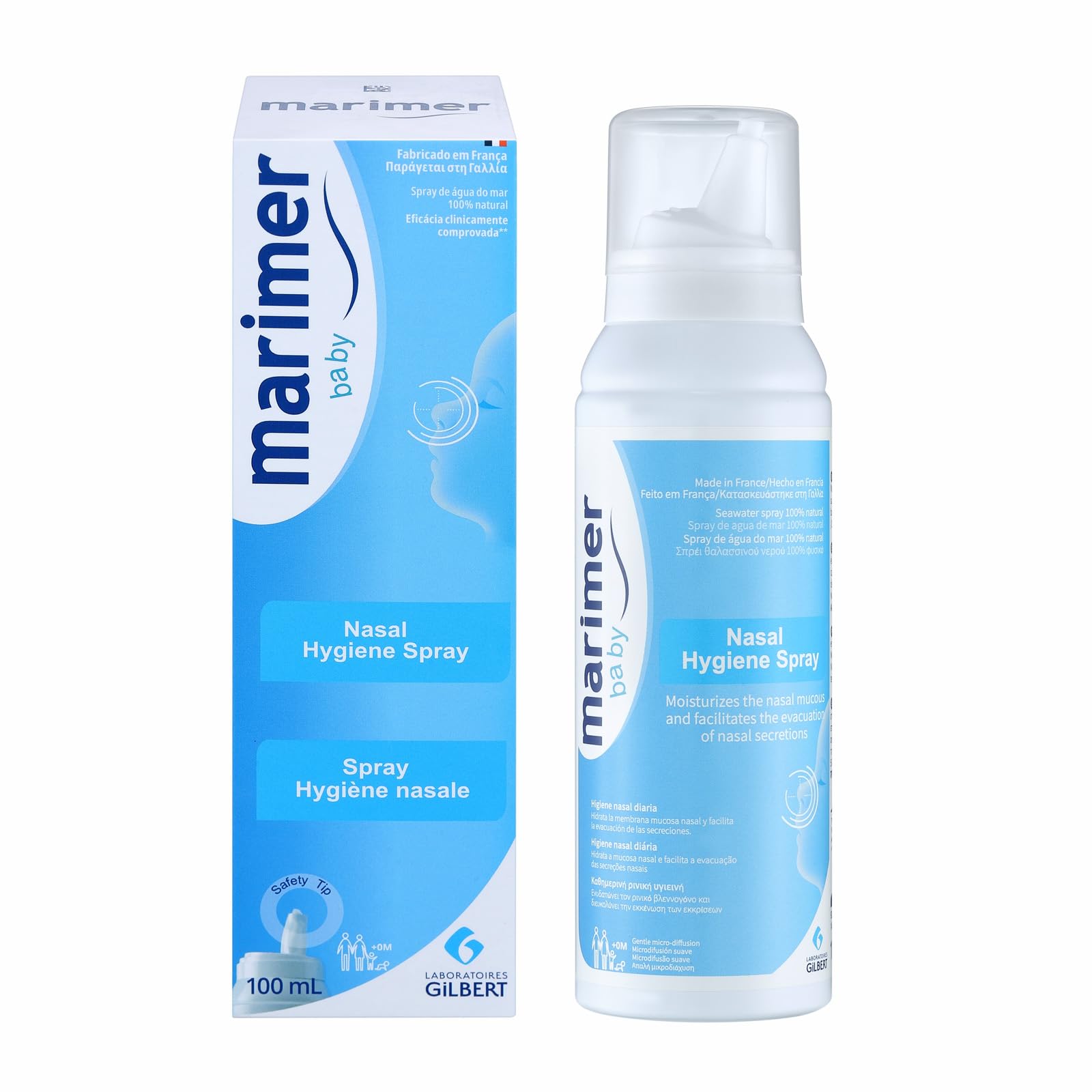 Marimer Bebe spray nasal 100 ml, flacon clair pour l'hygiène nasale quotidienne.