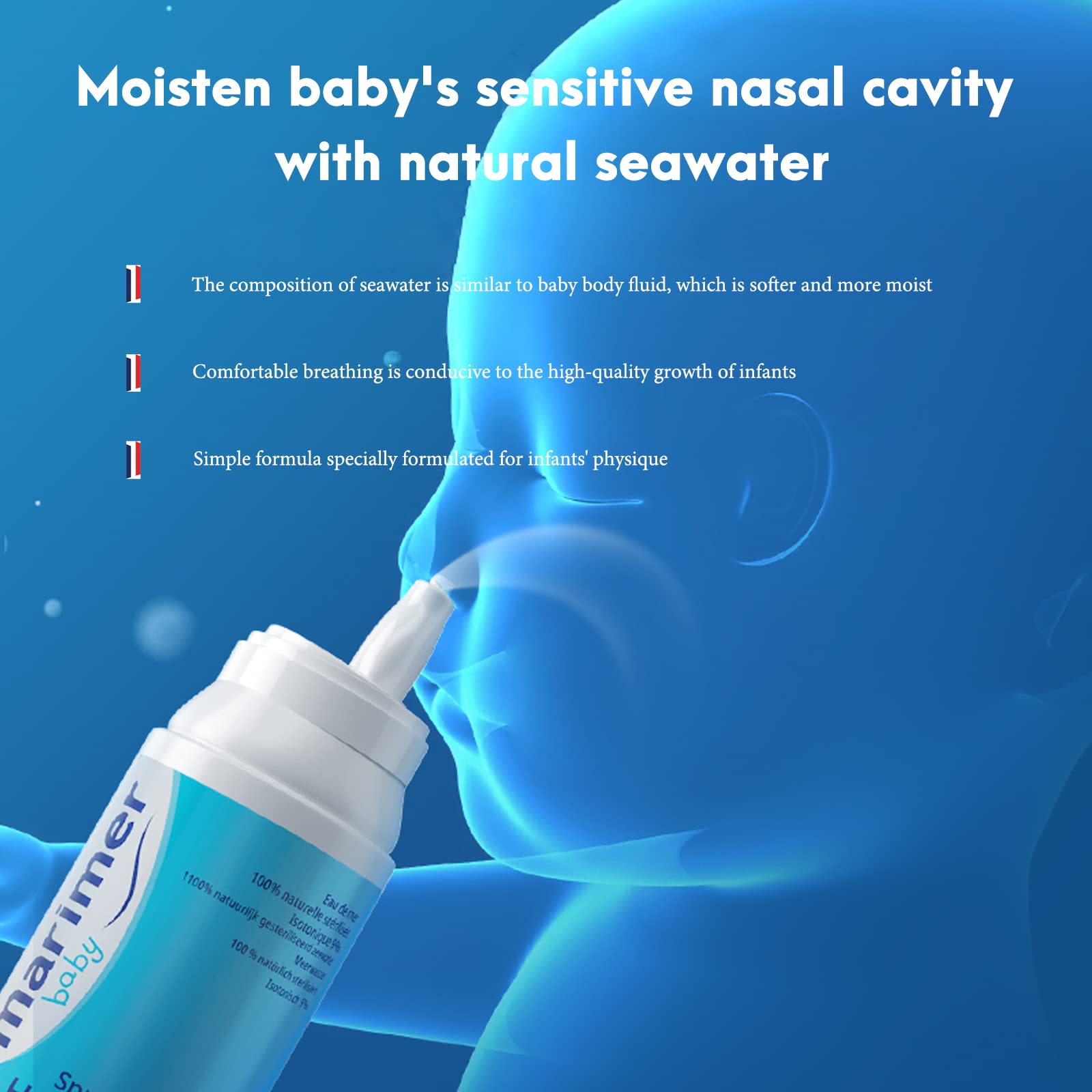 Marimer Bebe utilisation quotidienne, eau de mer naturelle pour hydrater les voies nasales.