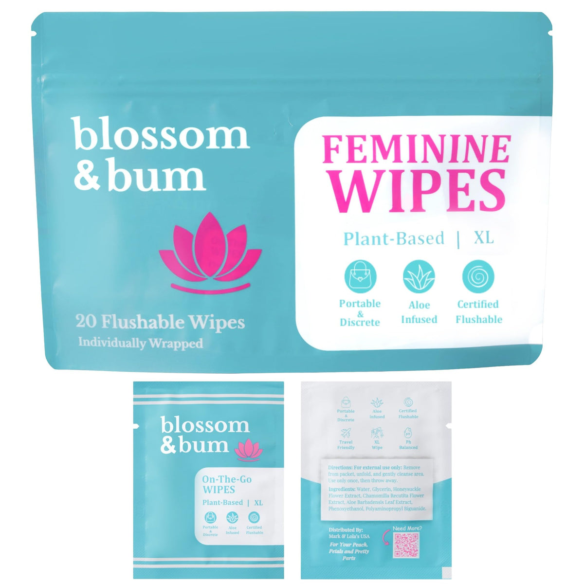 Lingettes Blossom-Bum, portable, pour une fraîcheur rapide en déplacement.