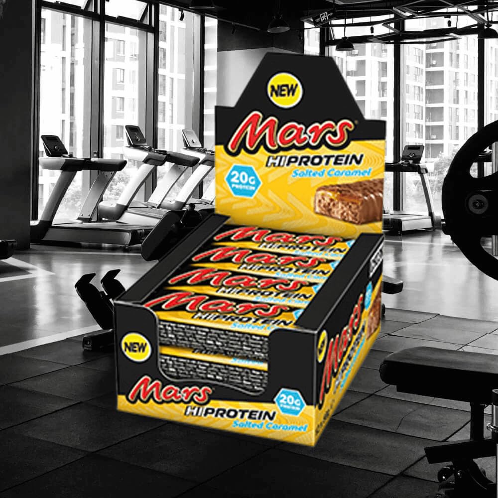 Mars Barre protéinée caramel salé barre ouverte montrant texture moelleuse et croquante.
