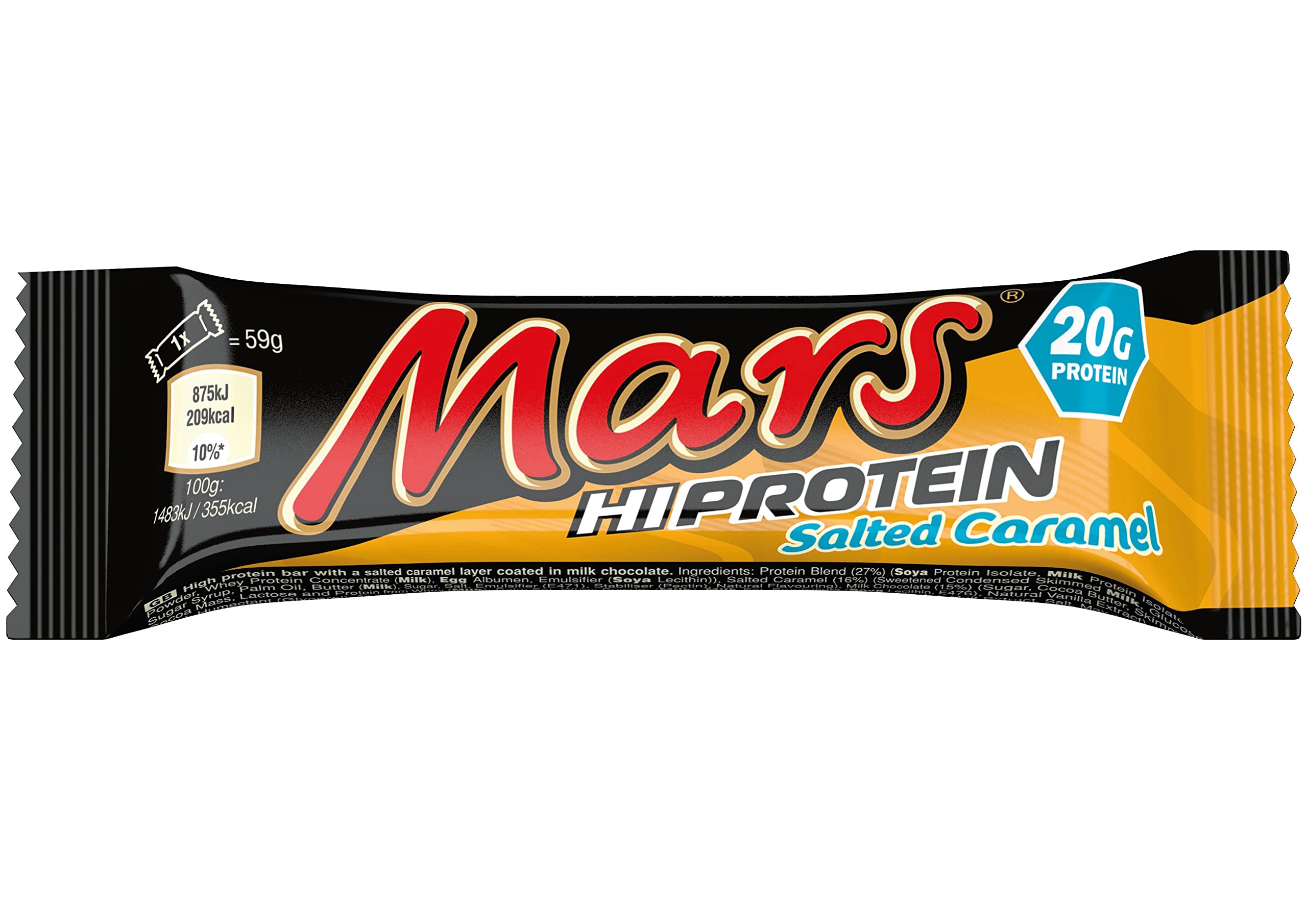 Étiquette nutritionnelle Mars Barre protéinée caramel salé, choix pratique après l'entraînement.