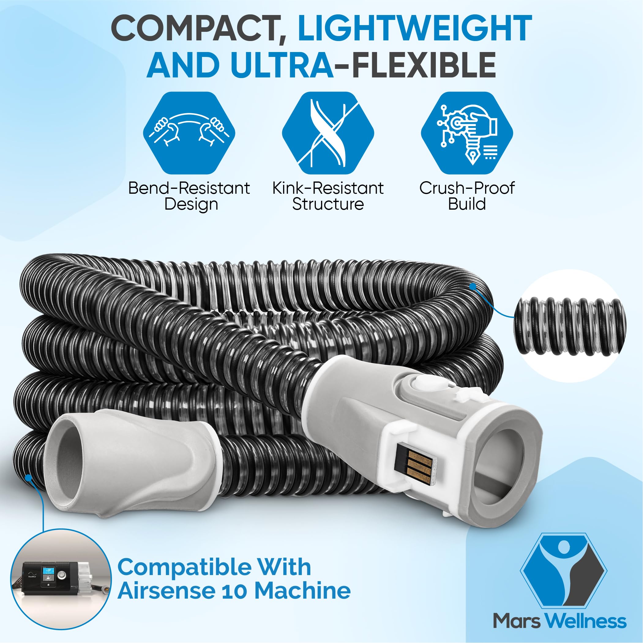 Utilisation pratique du tuyau Mars Wellness avec masque CPAP et maintenance simple.