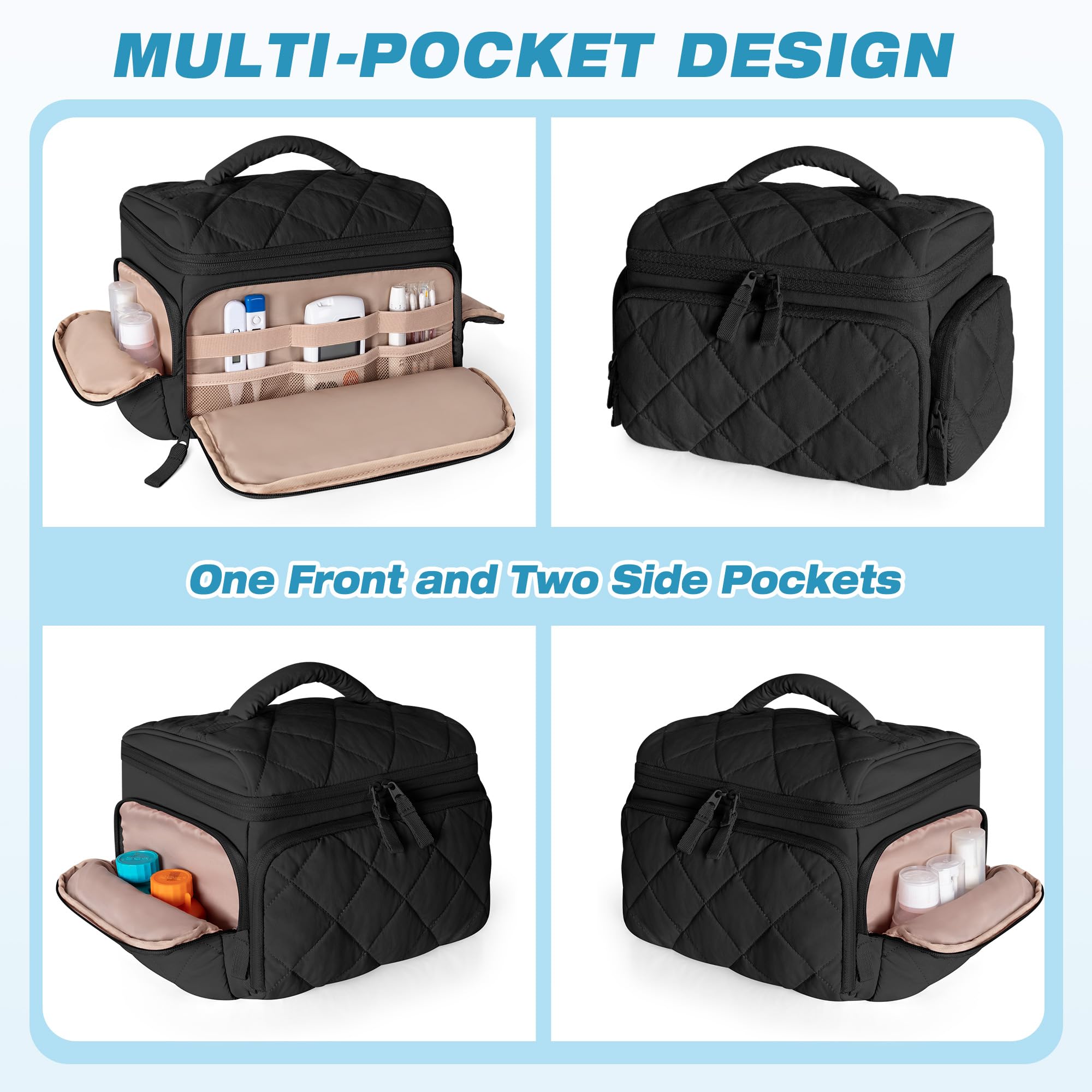 Poches et rangements faciles d’accès pour bouteilles et accessoires.