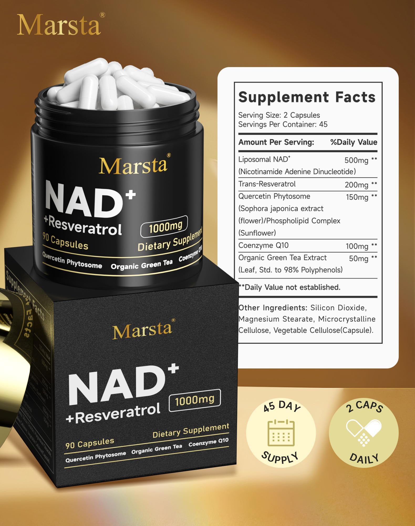 Étiquette MARSTA Liposomal Résveratrol affichant qualité et origine organique.