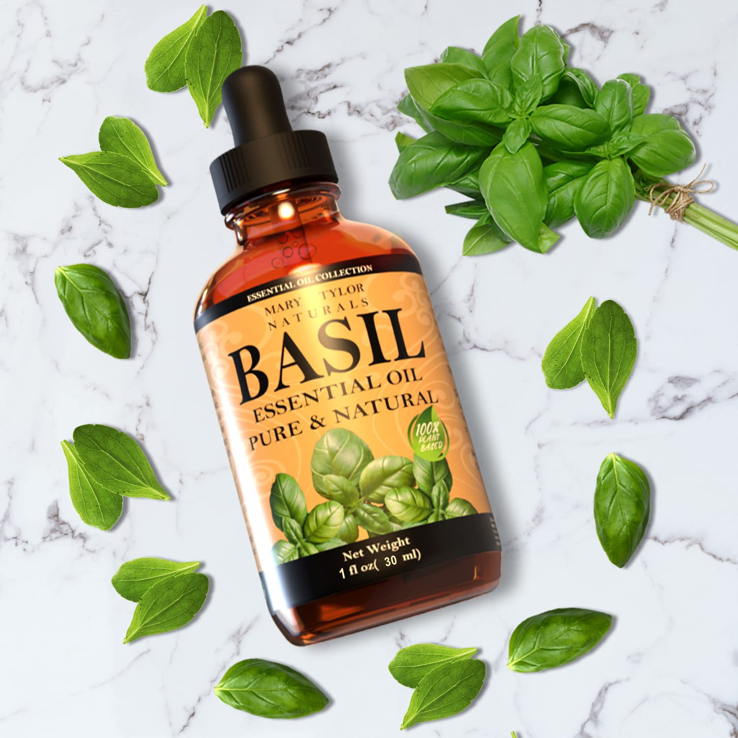 Mary Tylor Naturals huile basilic — goutteur-verre ambré facilite le dosage précis.