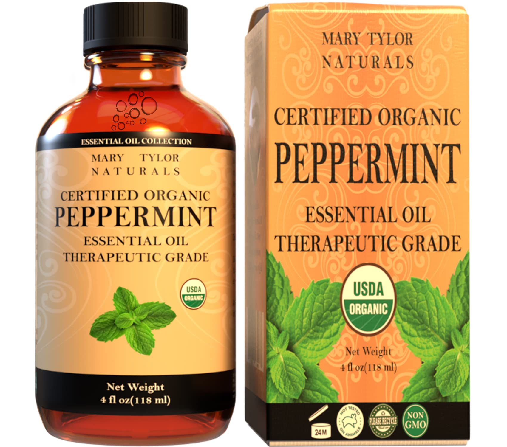 Mary Tylor Naturals huile essentielle menthe pure dans bouteille ambrée, idéale aromathérapie.