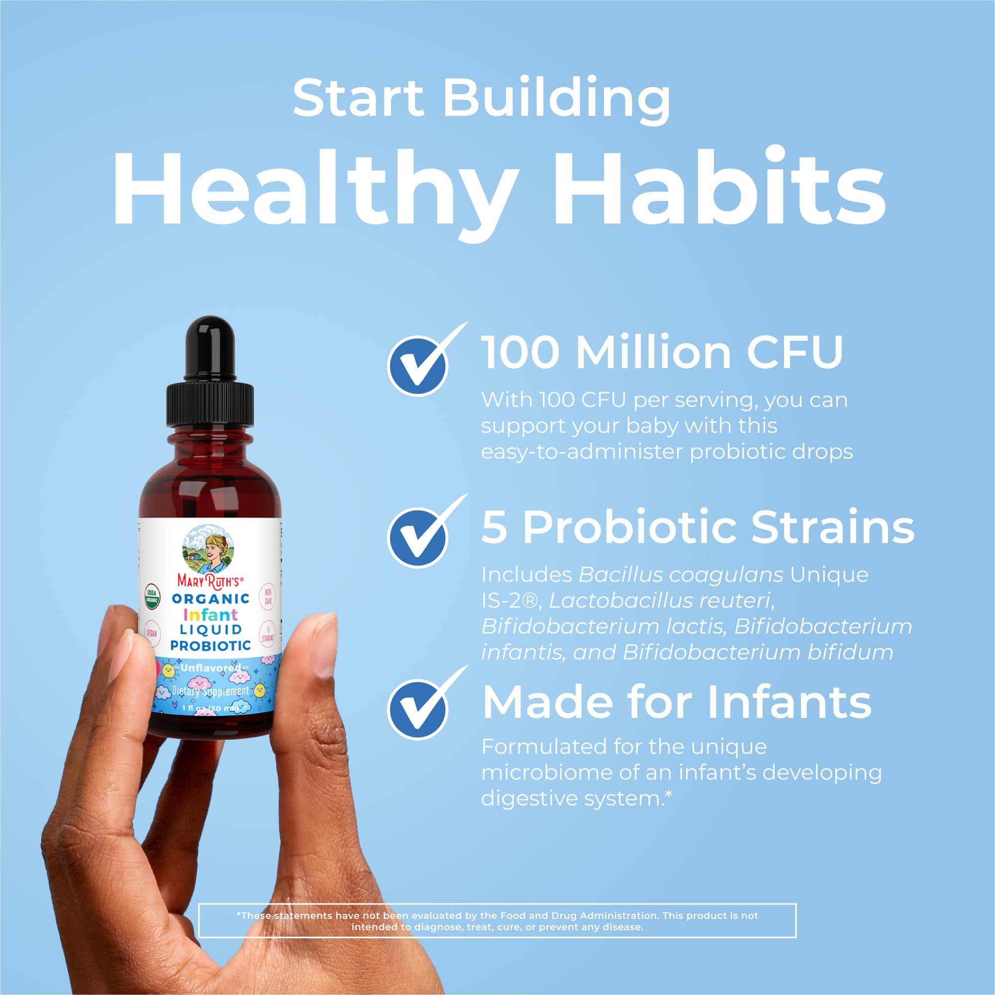 MaryRuth's Probiotiques 100 CFU par portion, dosage facile à suivre.