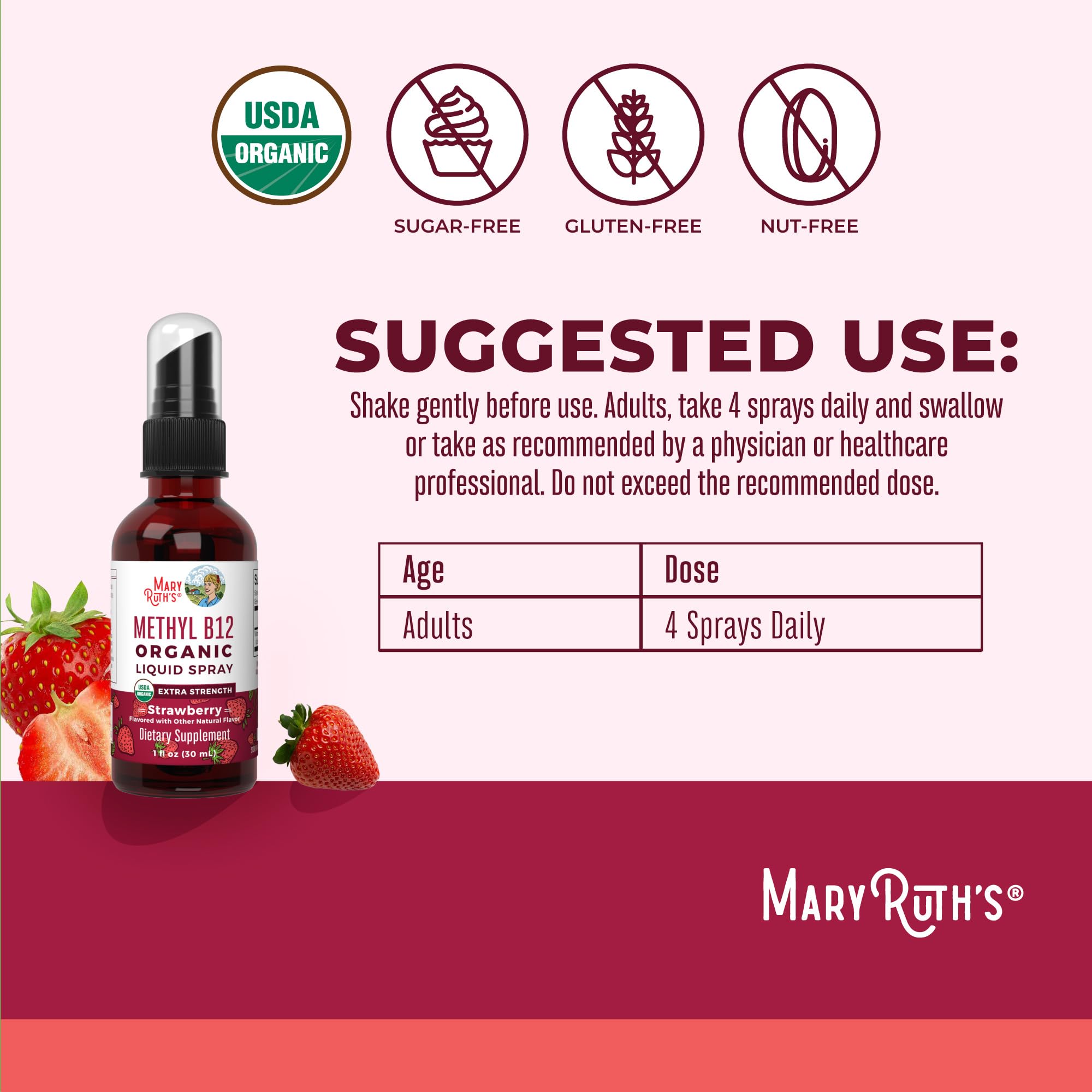MaryRuth's B12 spray – dose simple avec deux pulvérisations recommandées.