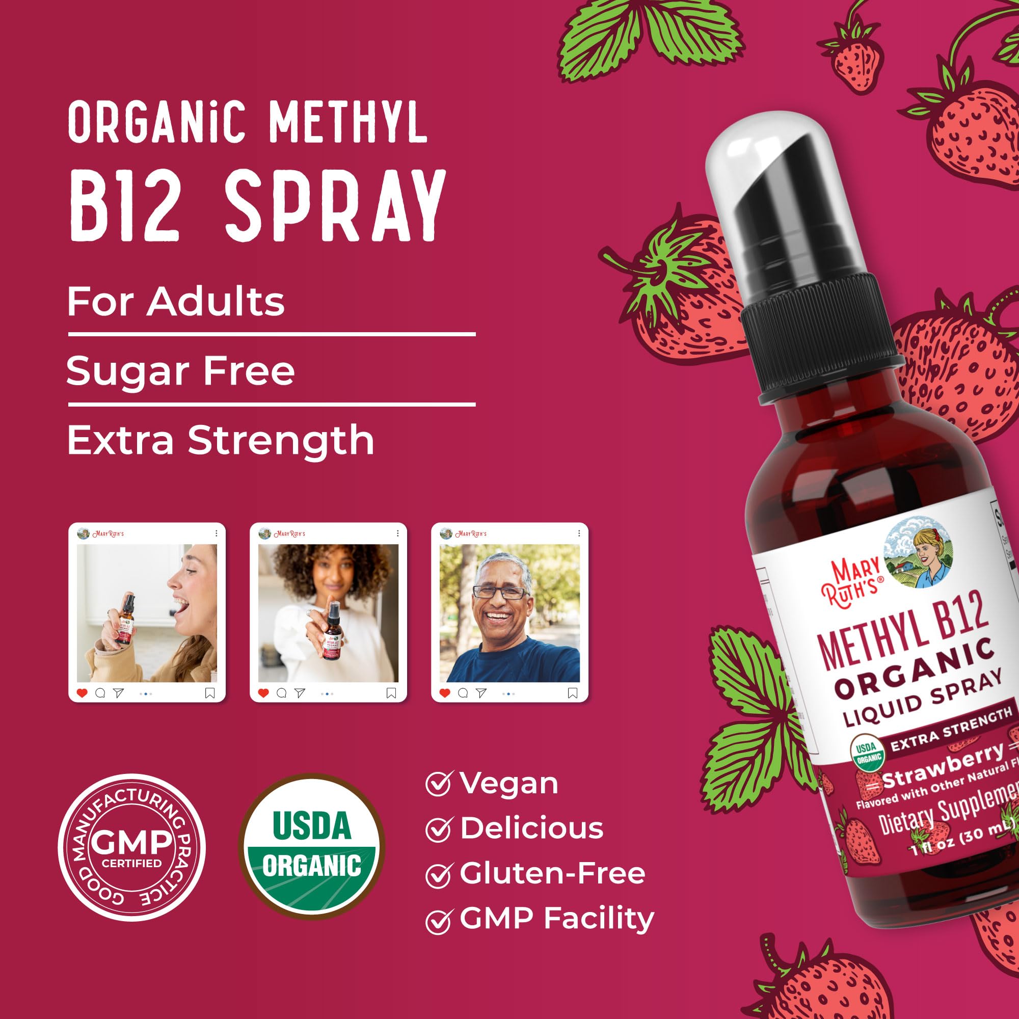 MaryRuth's B12 spray – convient aux régimes sans gluten, sans lactose et sans noix.