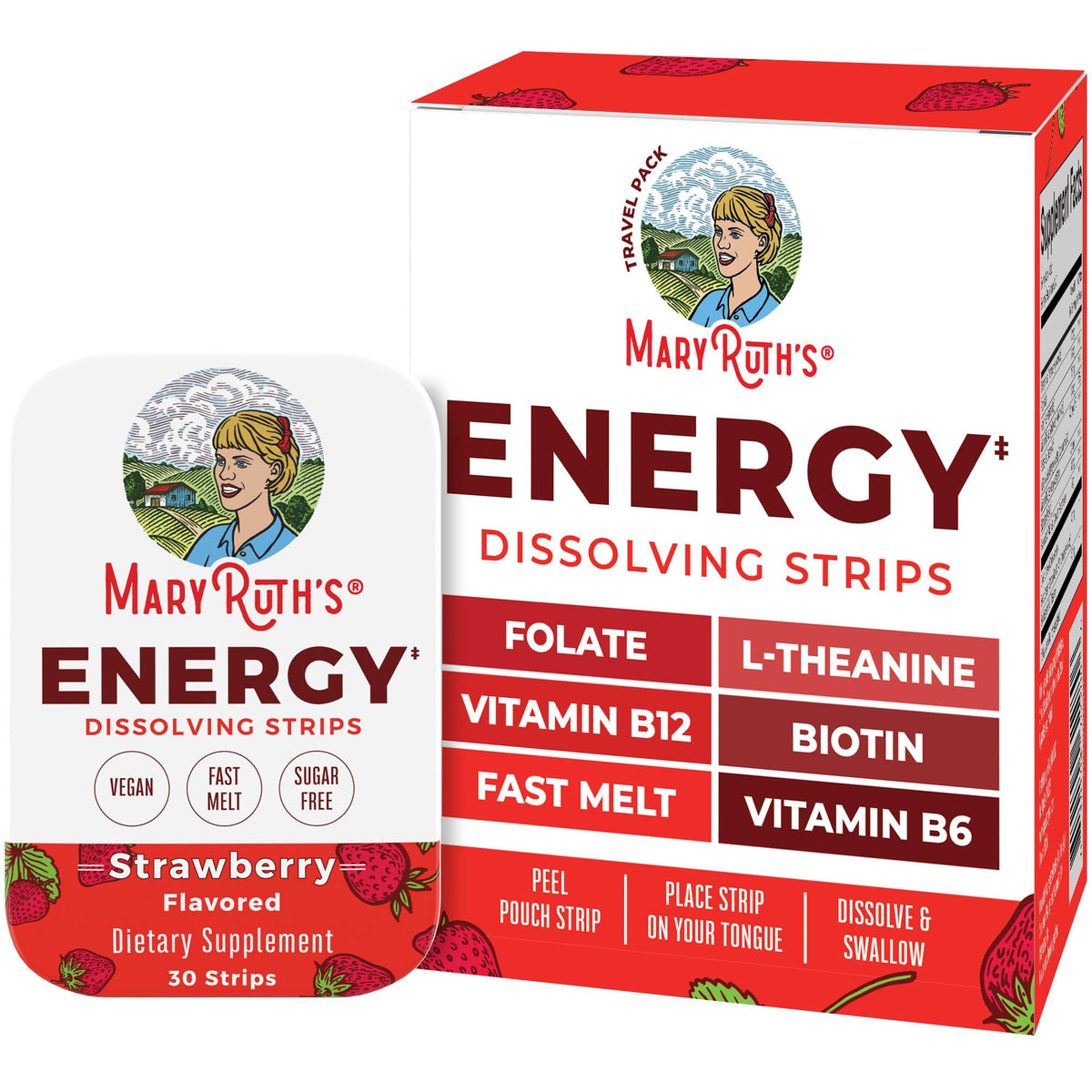 MaryRuth's Bandes Dissolvantes Fraise dans l'emballage, énergie pratique.