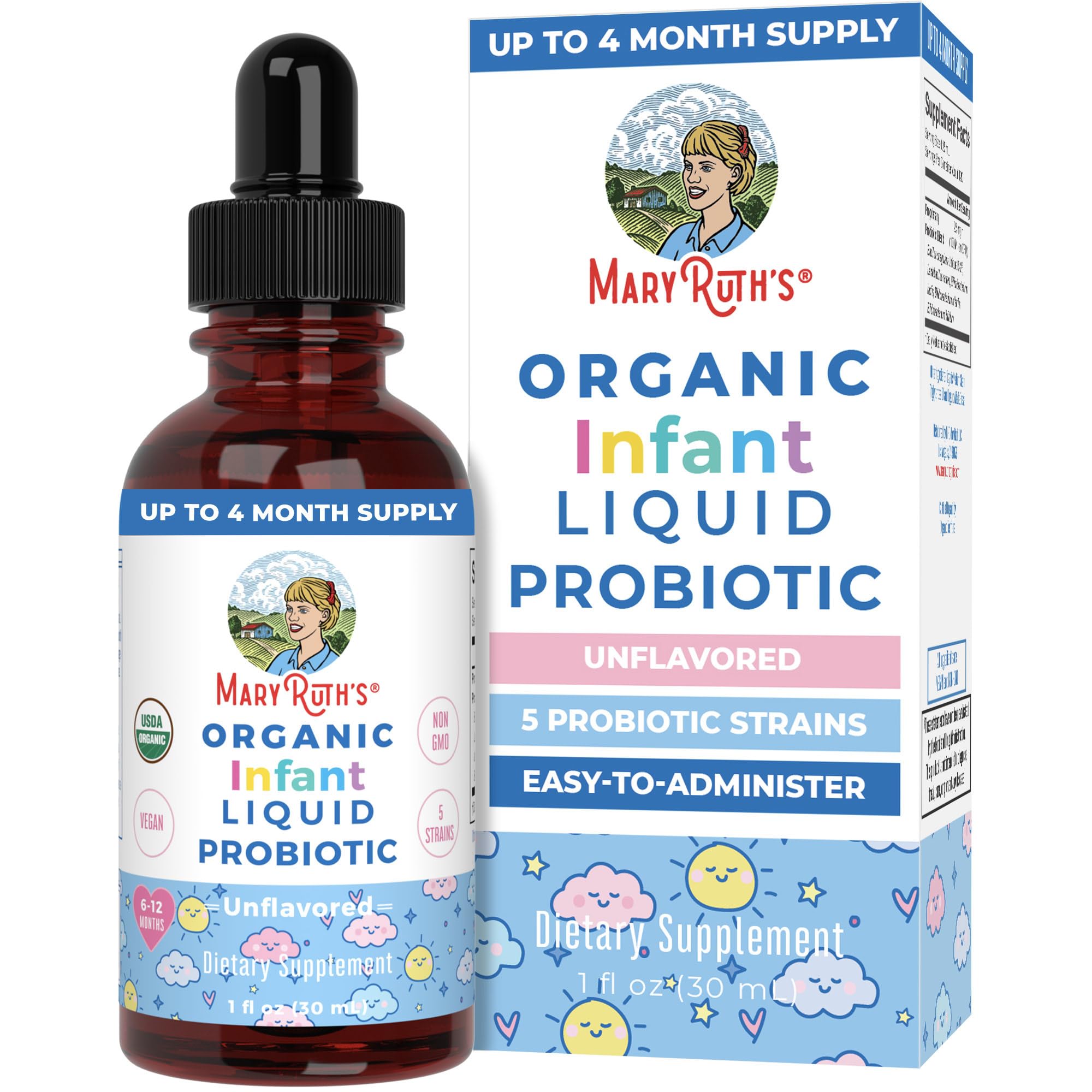 MaryRuth's Bebe Probiotiques gouttes en bouteille, pratique à administrer au quotidien.