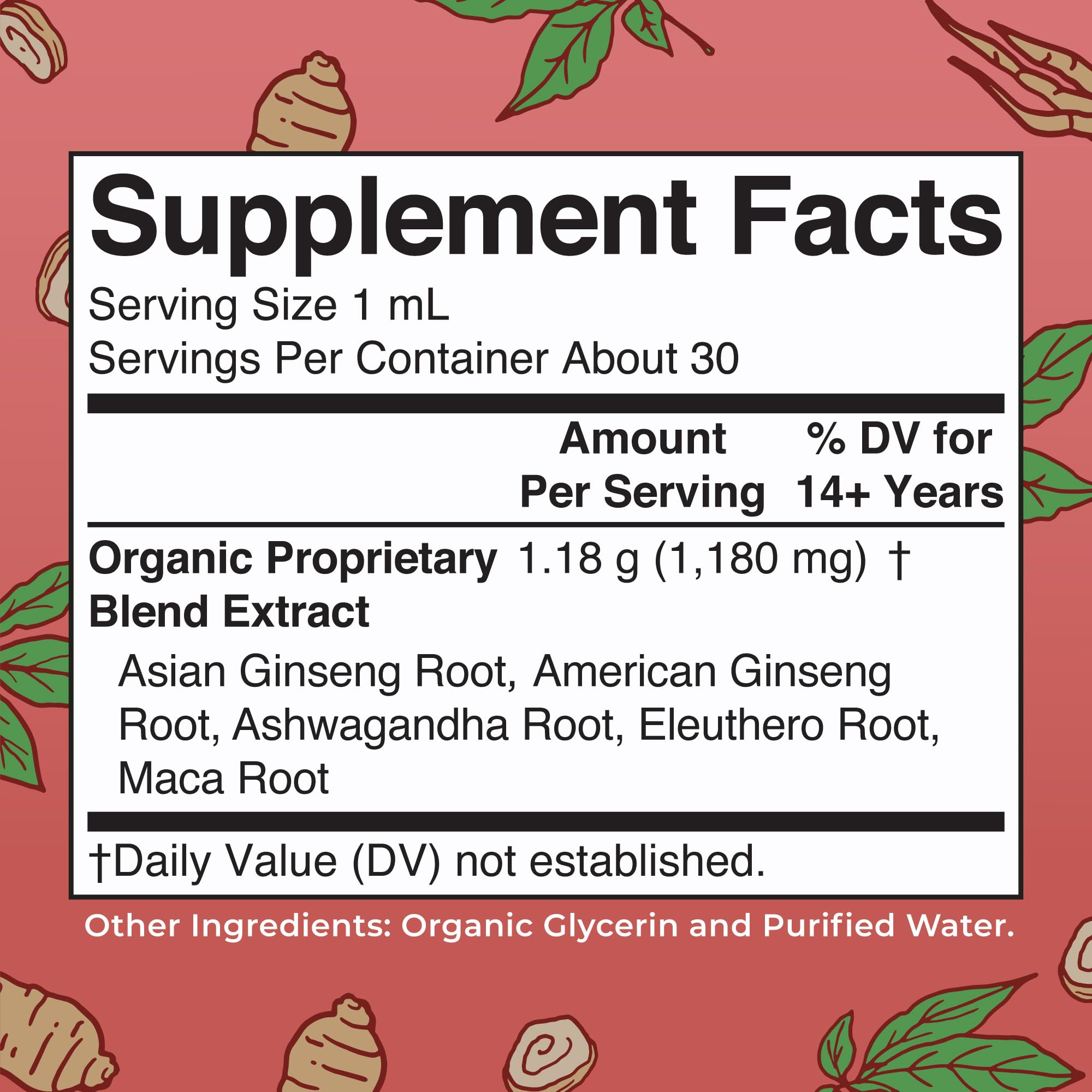 MaryRuth's bouteille ginseng-ashwagandha montrant le mélange pour énergie et concentration.