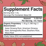 MaryRuth's bouteille ginseng-ashwagandha montrant le mélange pour énergie et concentration.