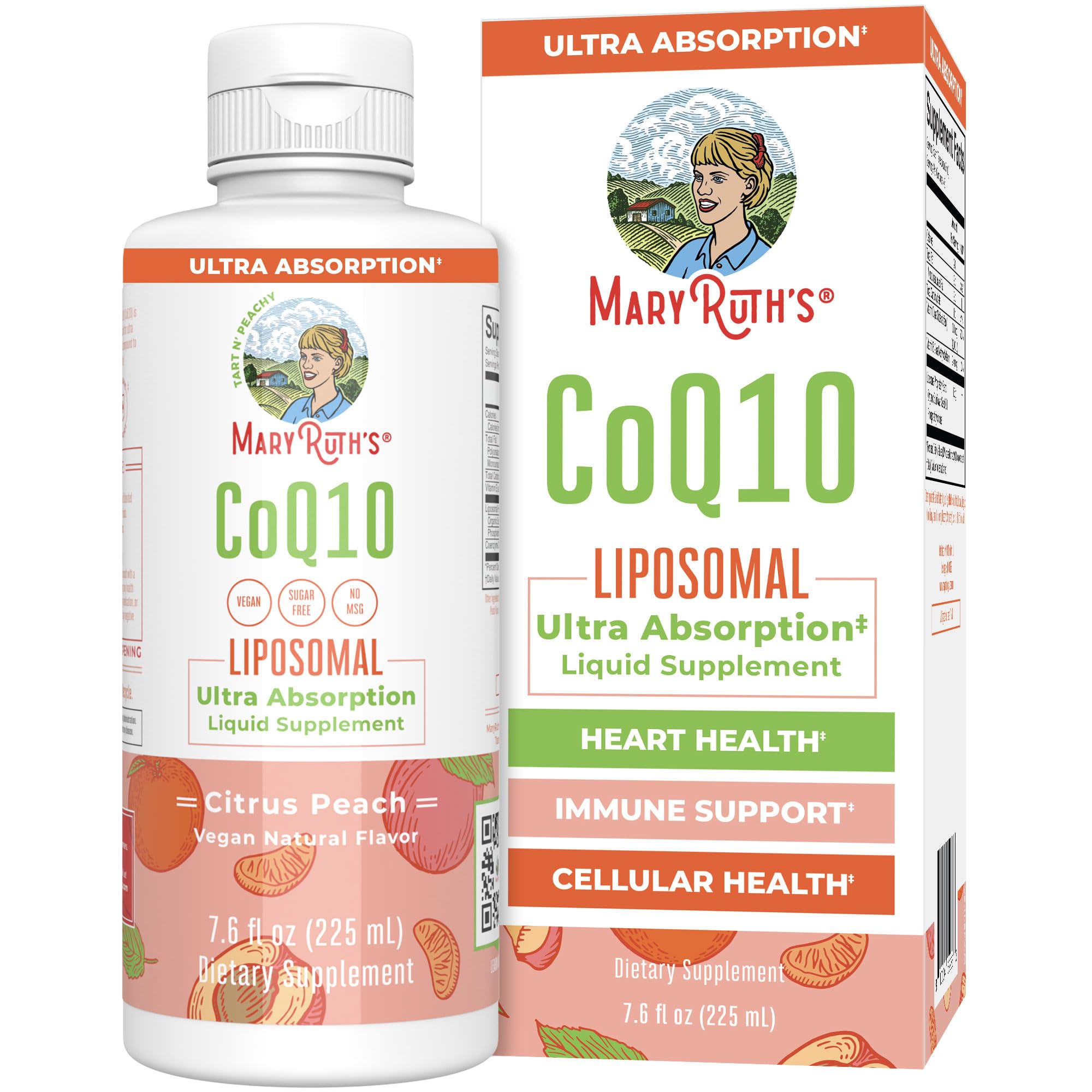 MaryRuth's CoQ10 liquide, bouteille translucide, soutien potentiel à l'énergie cellulaire.