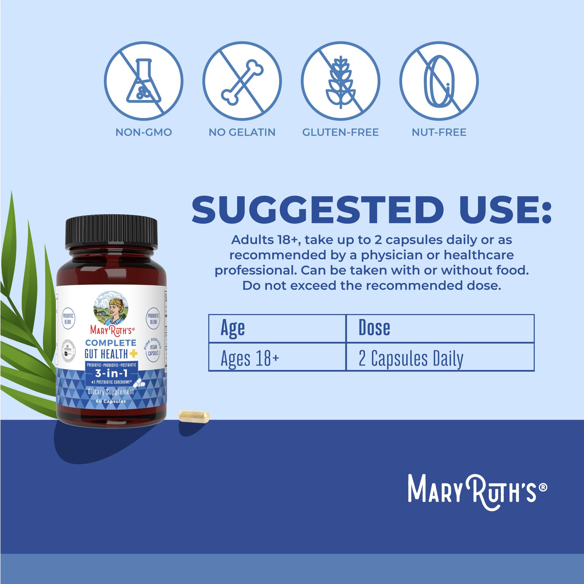 Gélules végétales MaryRuth's Complete Gut Health+ avec Corebiome et butyrate.