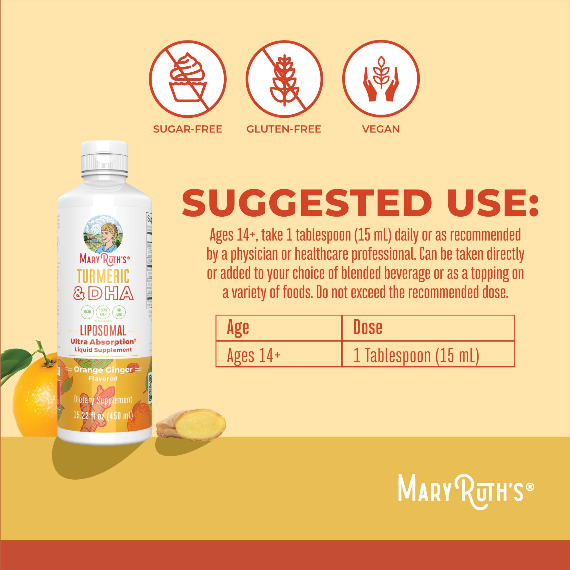 Verre avec MaryRuth's Curcuma-DHA prêt à consommer.