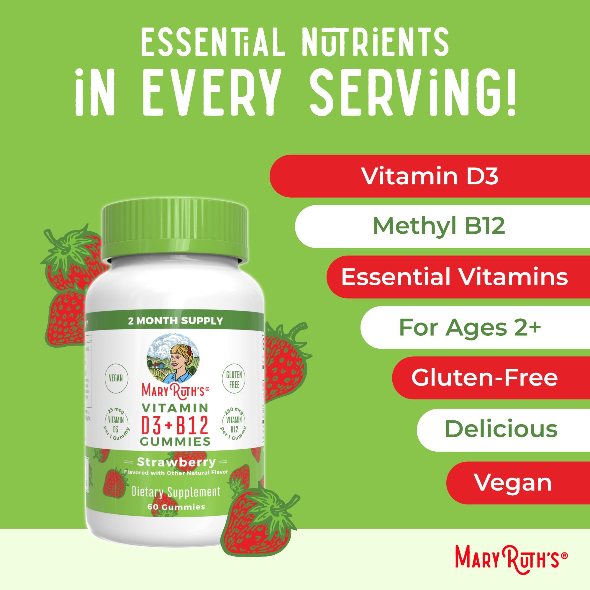 Bouteille MaryRuth's D3+B12, 60 portions, prise simple une fois par jour.