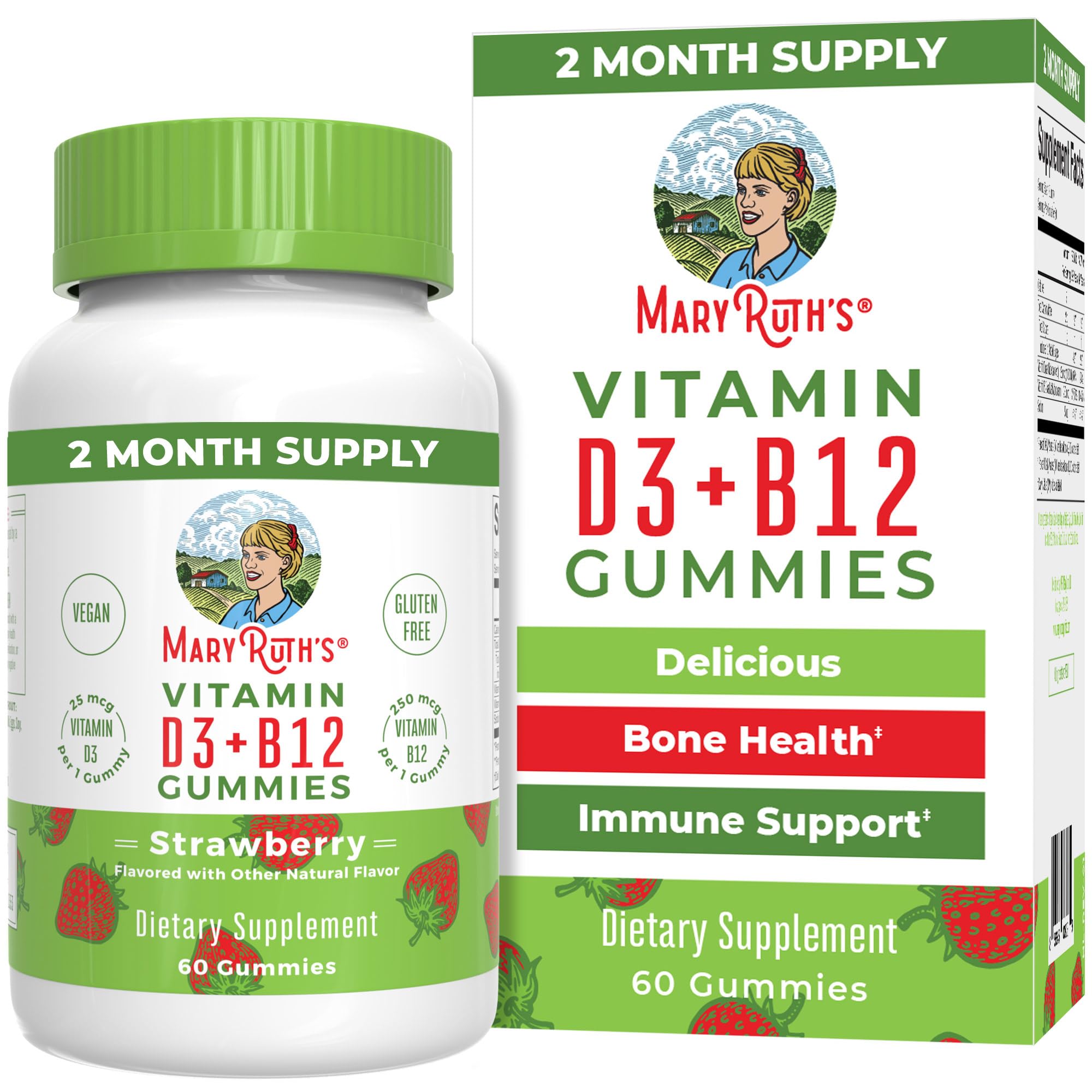 MARYRUTH'S D3+B12 gommes fraise sur flacon, soutien énergie et immunité possible.