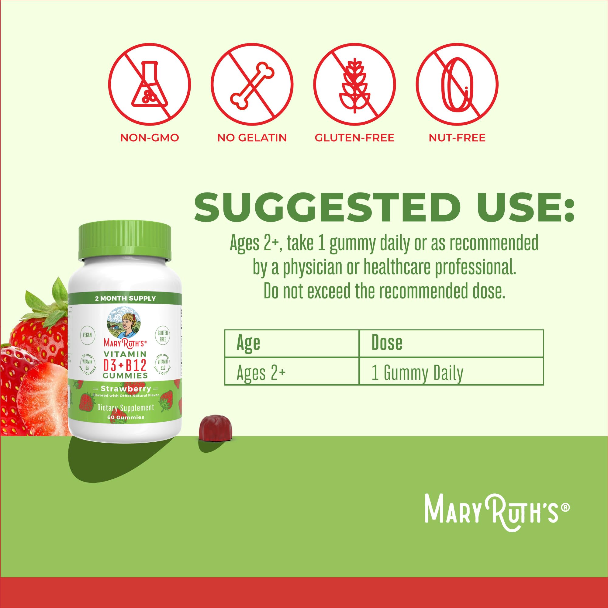 Étiquette MaryRuth's D3+B12 non-GMO et végan, sans gélatine, informations claires.