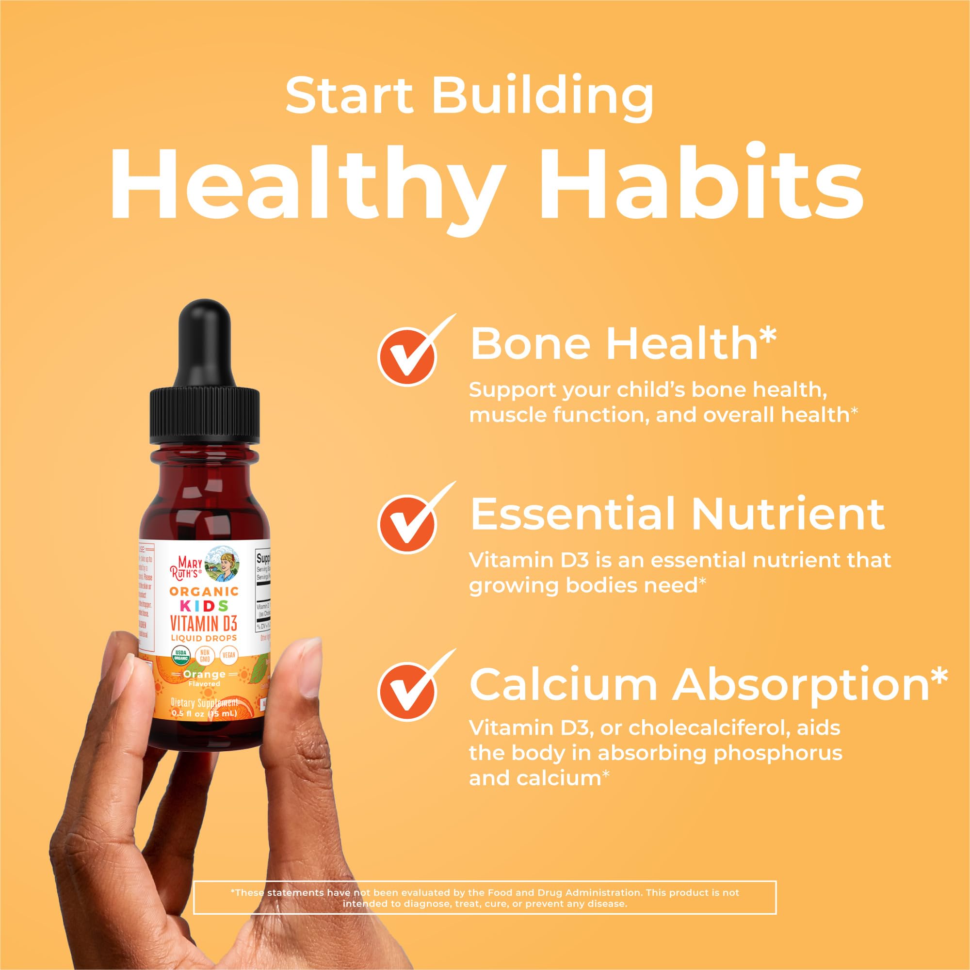 Gouttes D3 quotidiennesMaryRuth's pour enfants, dosage simple.