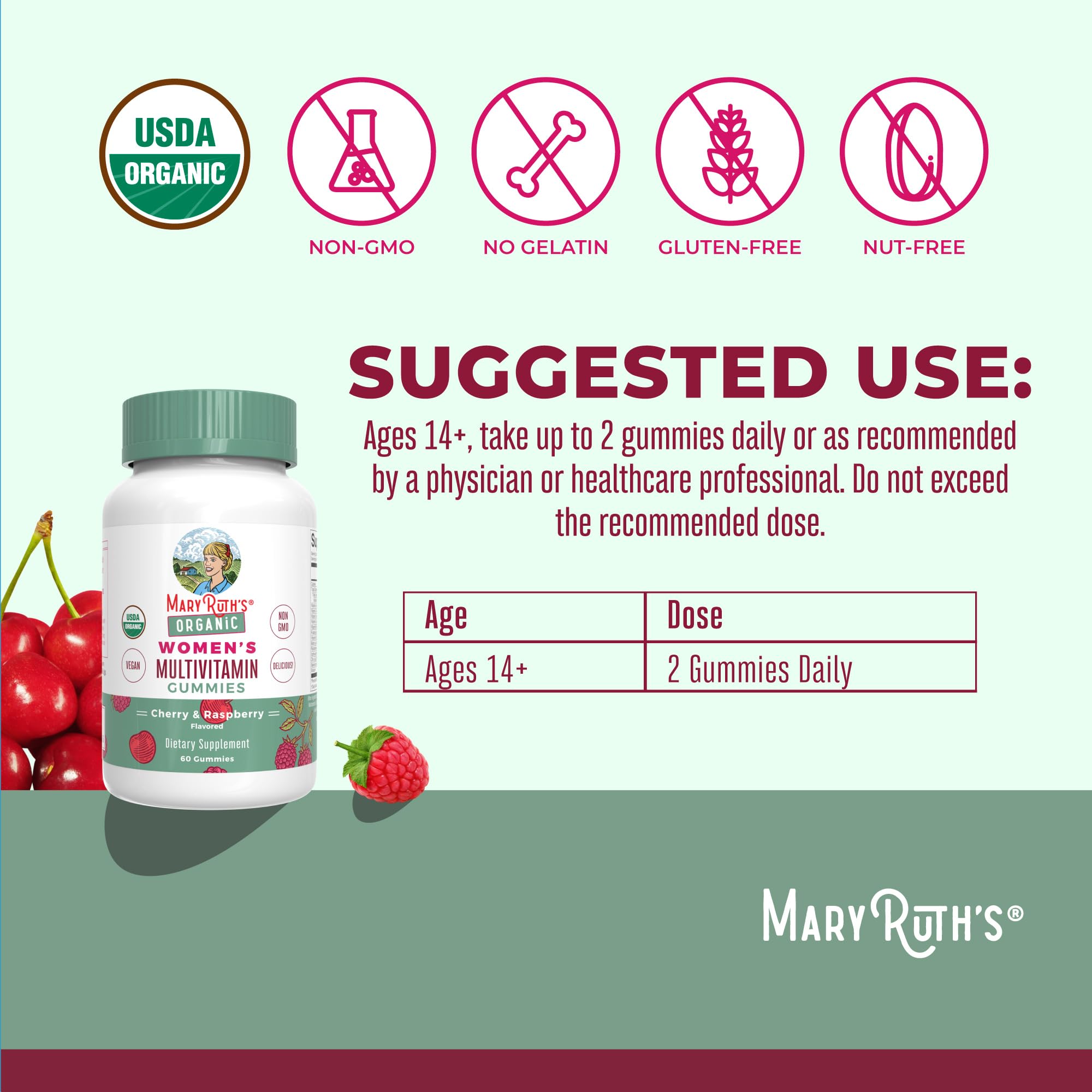 MARYRUTH'S Gomme Multivitamines Femmes – étiquette biologique et végan fiable.