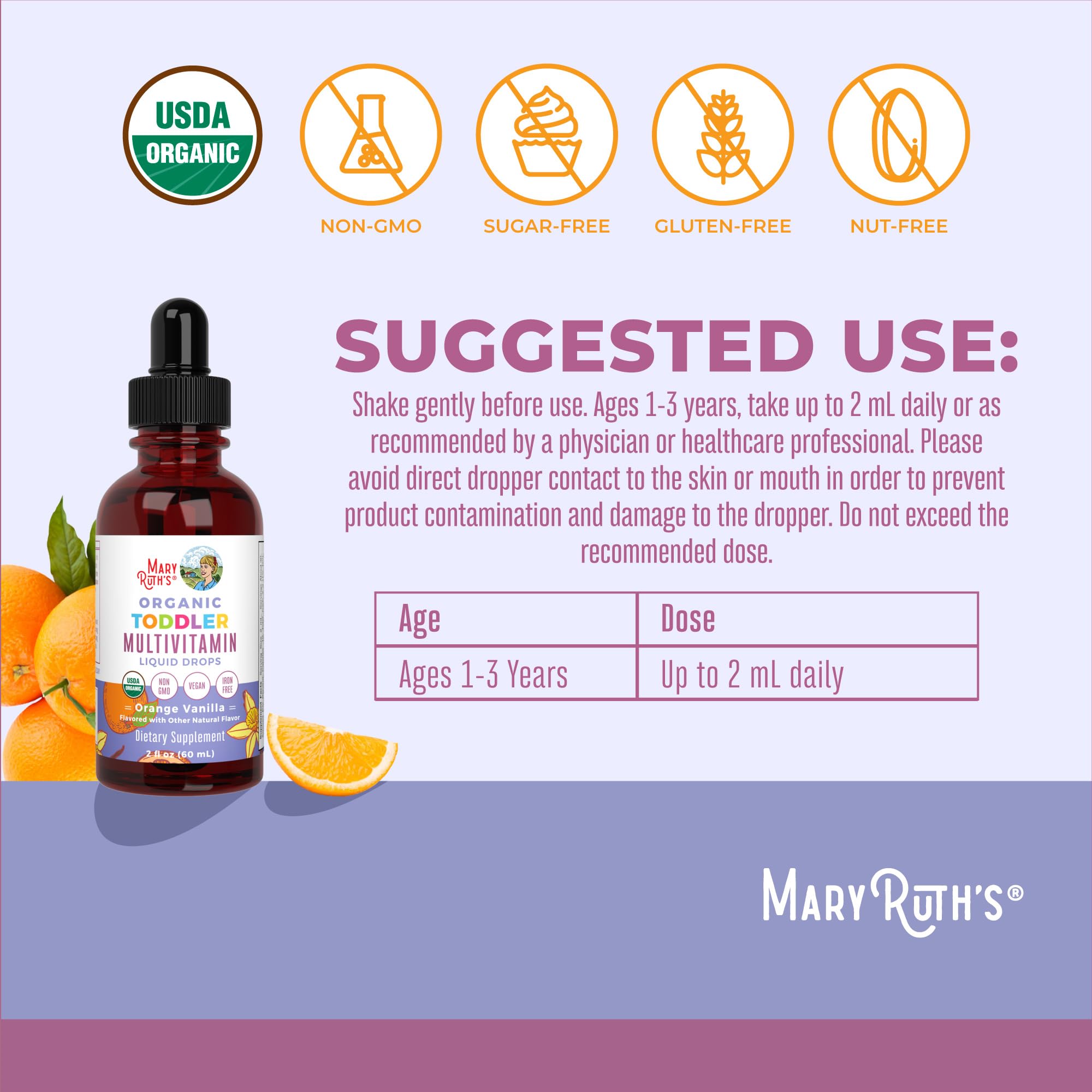 MaryRuth's flacon-étiquette visible, vitamines A C D E et zinc.