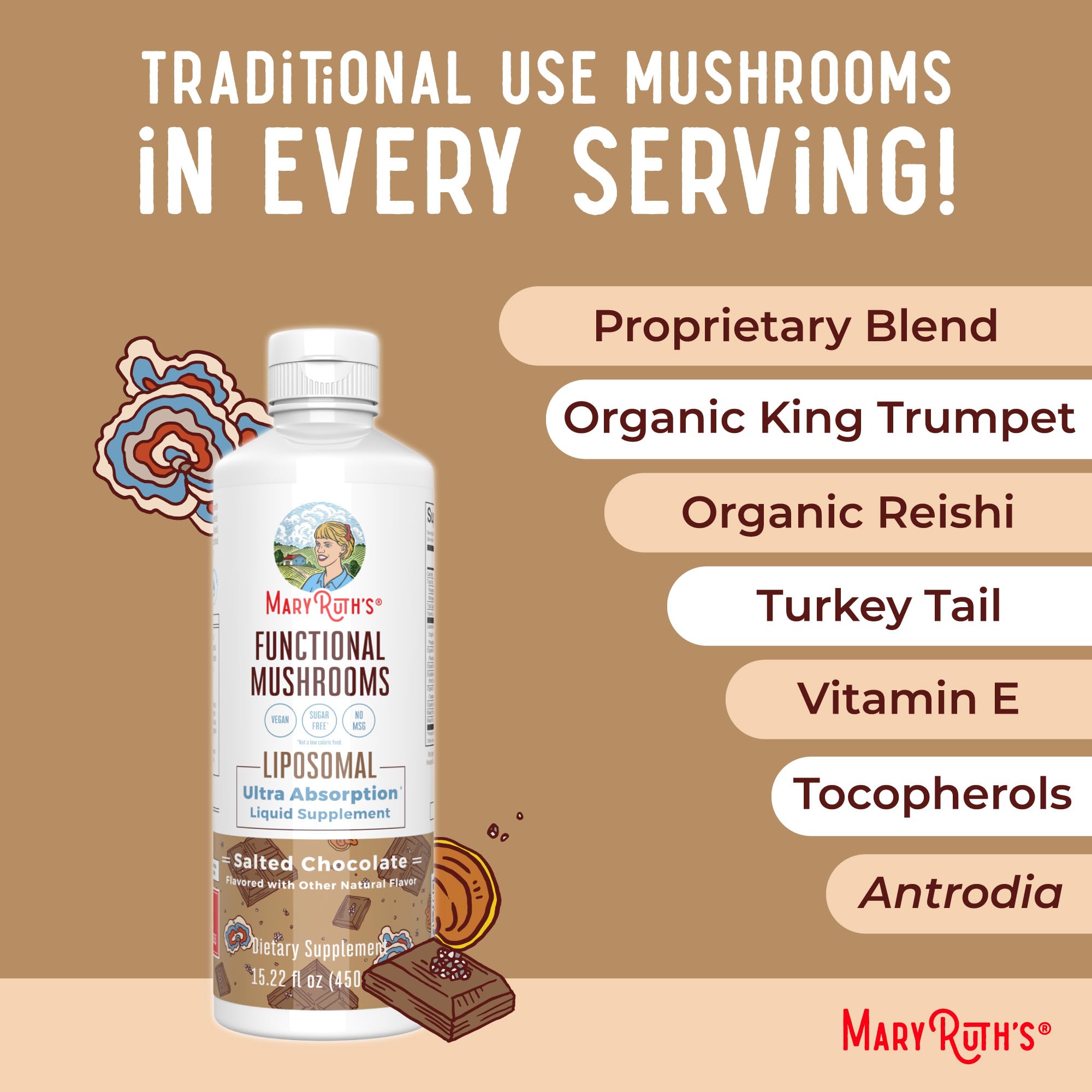 MARYRUTH'S Function Mushrooms Liposomal – Quatre champignons pour un mélange équilibré.