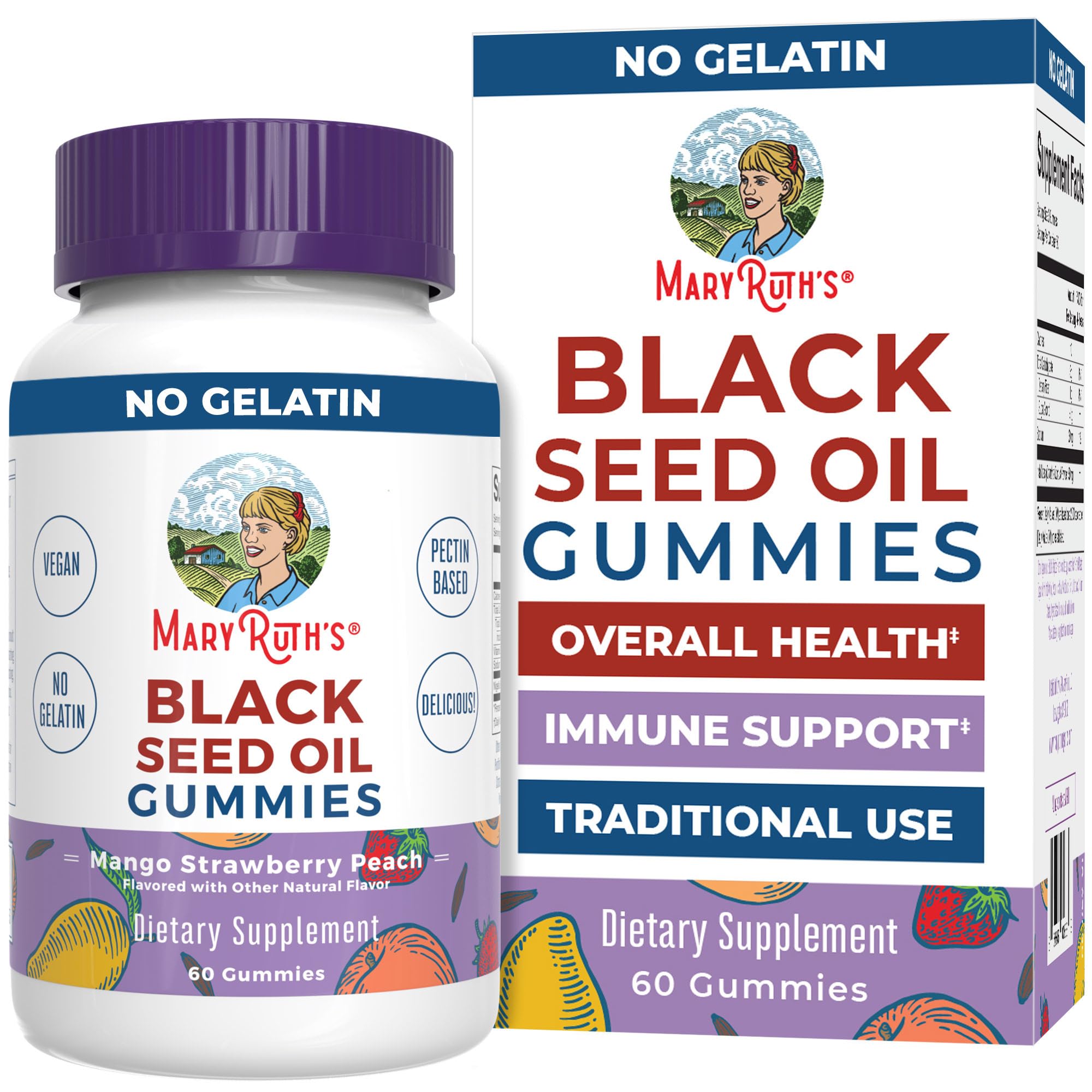 MaryRuth's Gommes huile noire - bouteille montrant l'emballage pratique pour le soutien immunitaire.