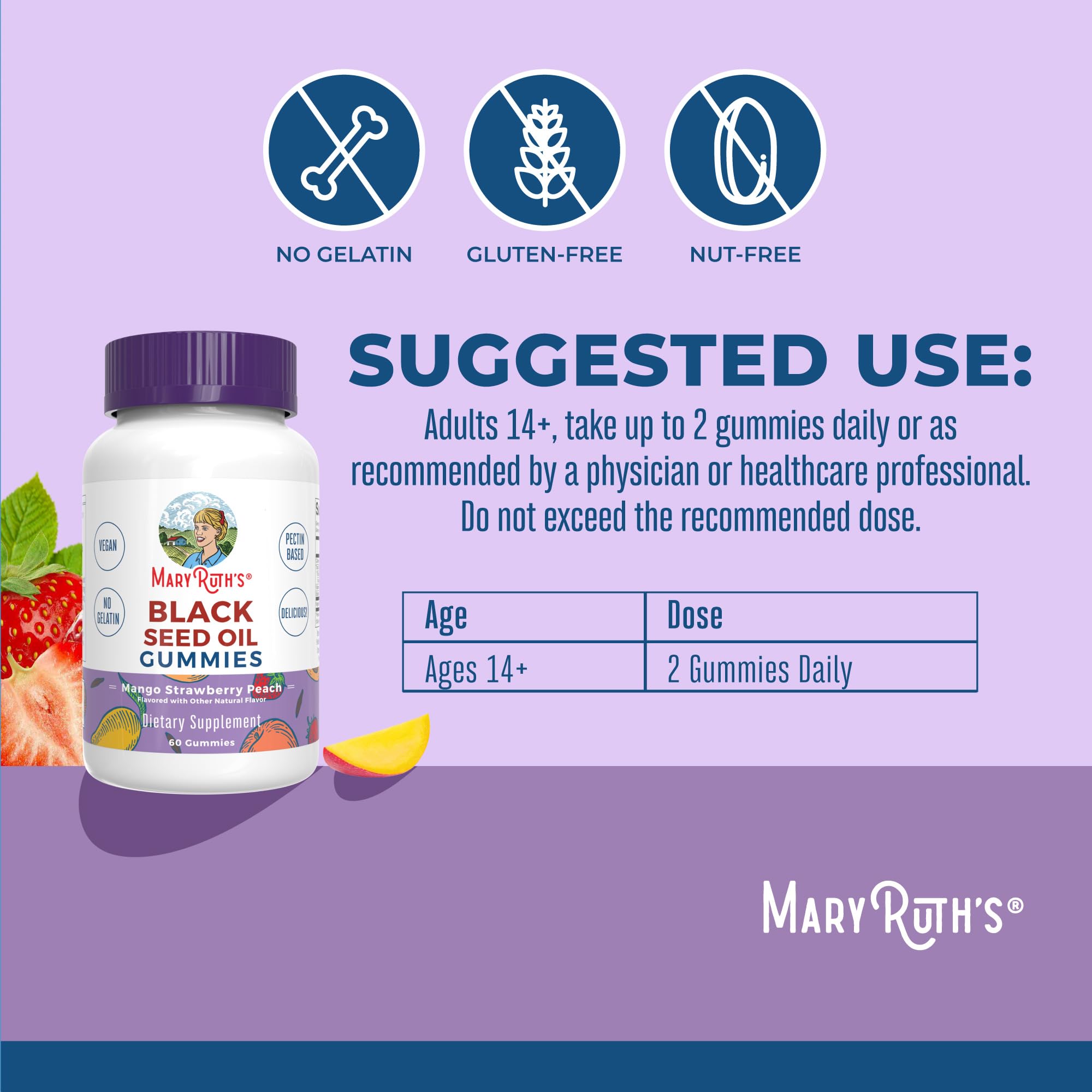 MaryRuth's Gommes huile noire - saveur mangue-fraise-pêche, plaisir gustatif et routine bien-être.