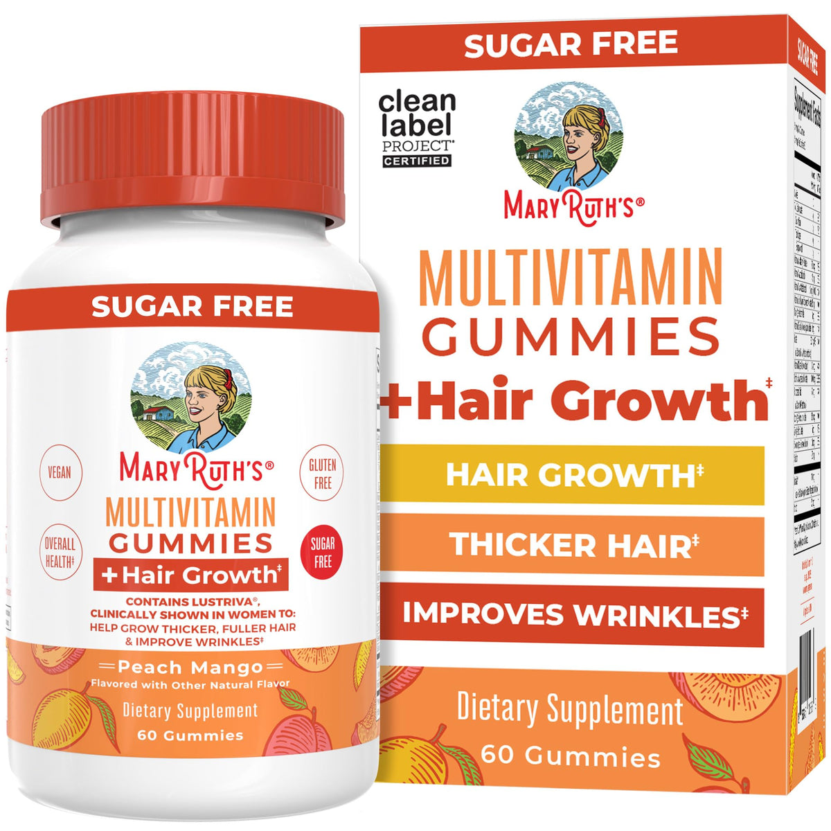MaryRuth's gommes multivitamines Lustriva en bouteille pour cheveux plus épais.