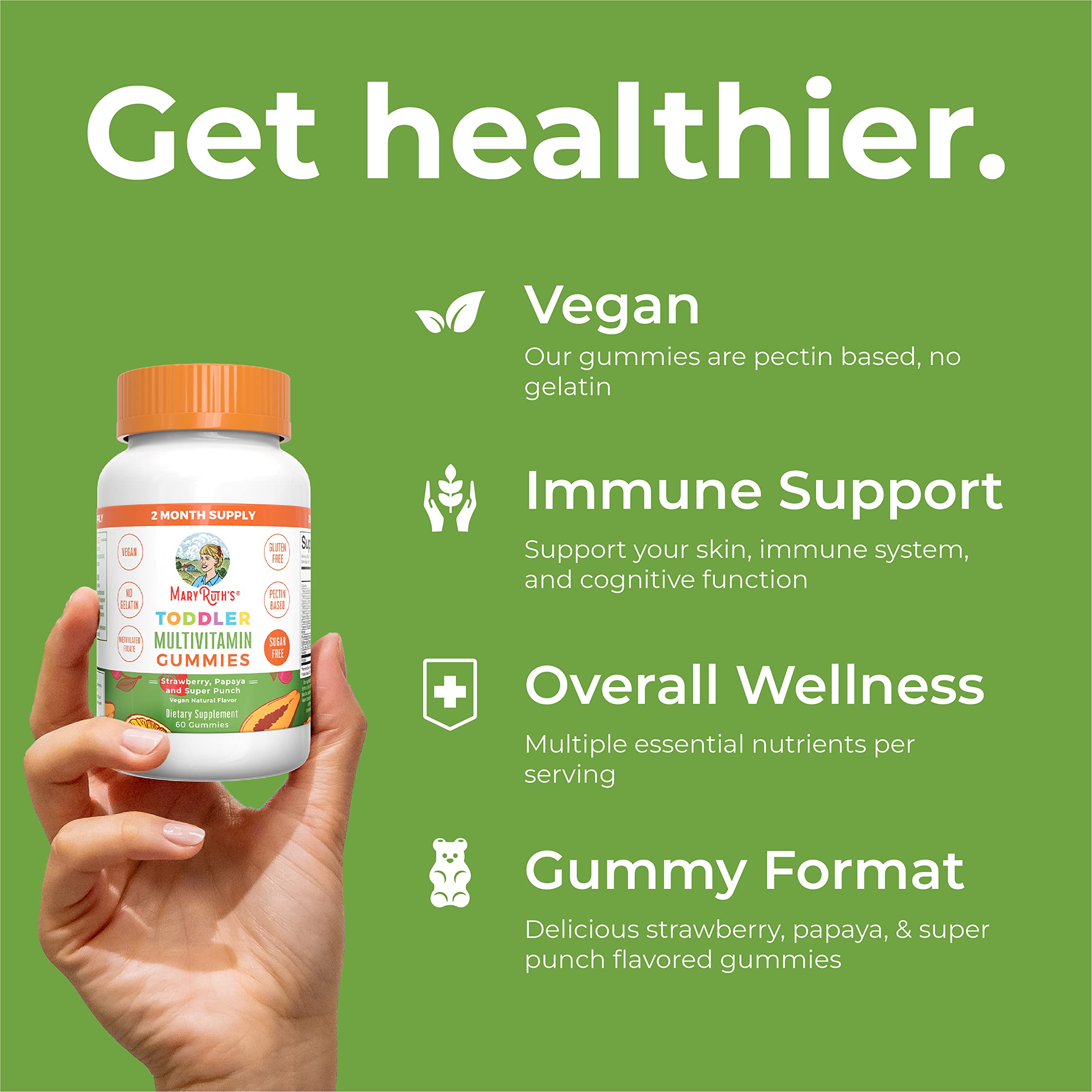 Gommes MaryRuth's sans gélatine et base de pectine adaptée au vegan.