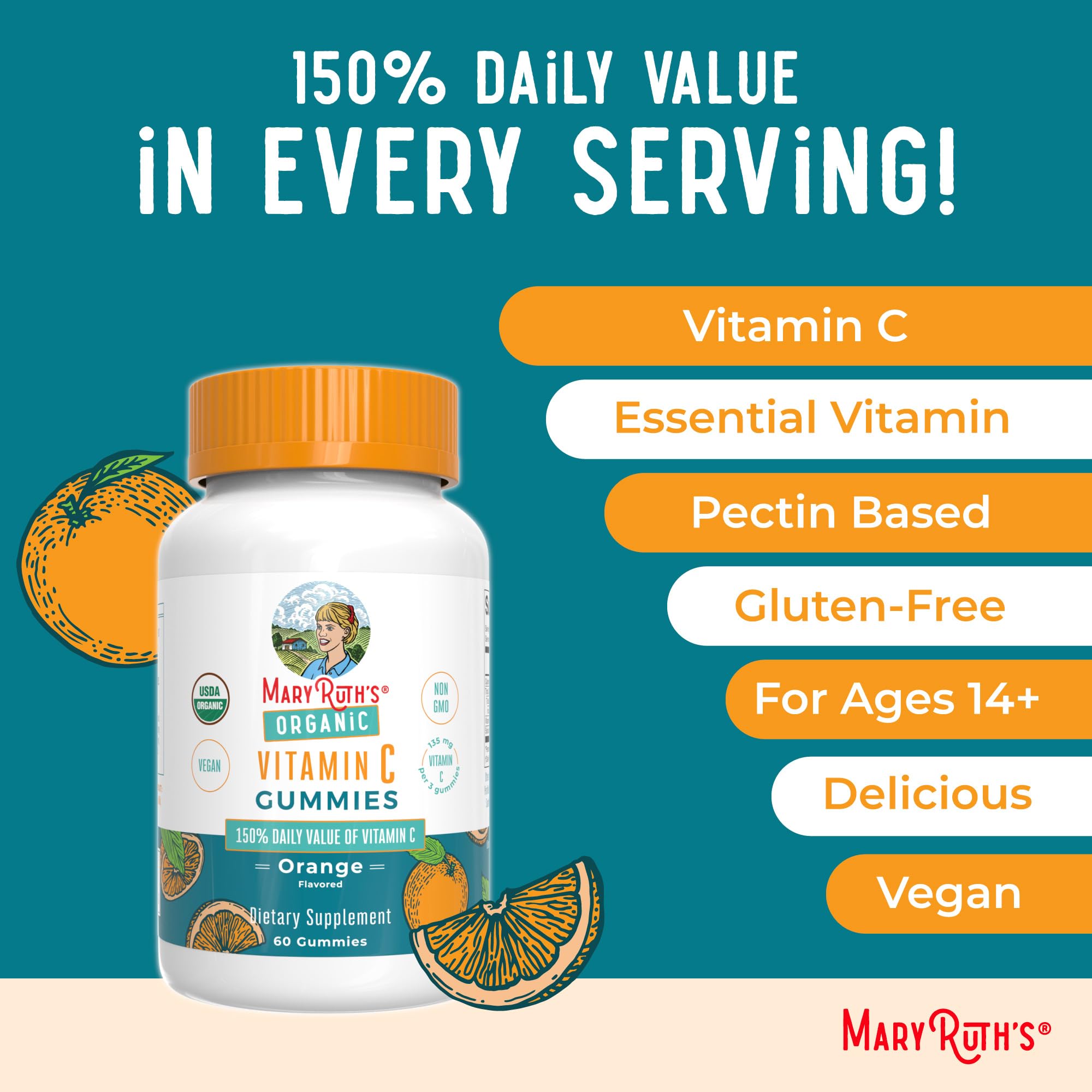 MaryRuth's Gomme Vitamin C orange – sans lactose, gluten et noix.