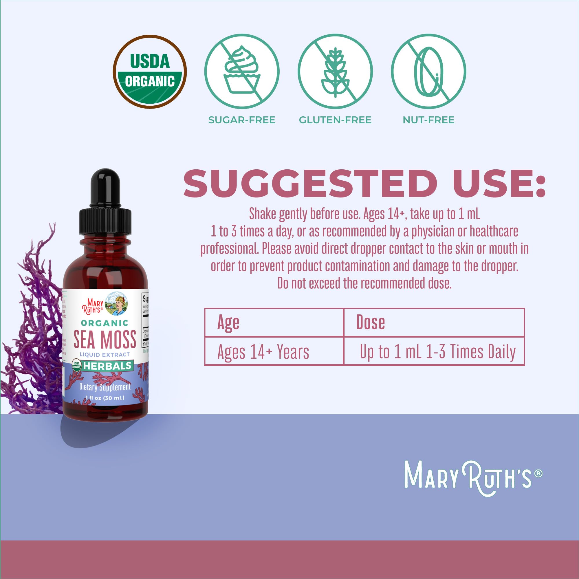 Étiquette bio visible sur MaryRuth's gouttes d algue irlandaise.