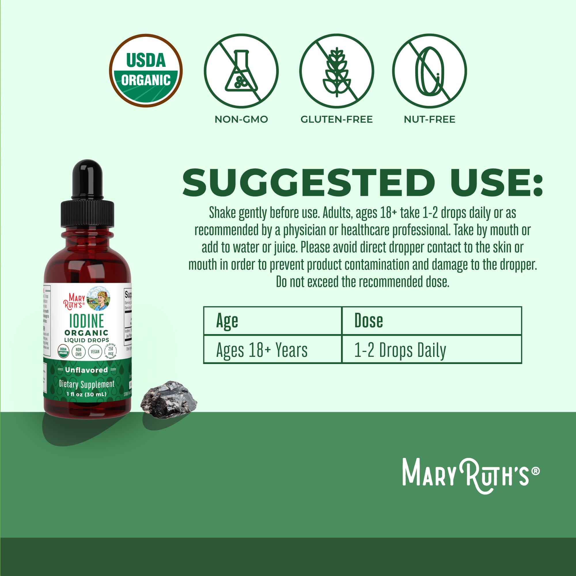 Étiquette verte MaryRuth’s sur la bouteille, signe de qualité biologique.
