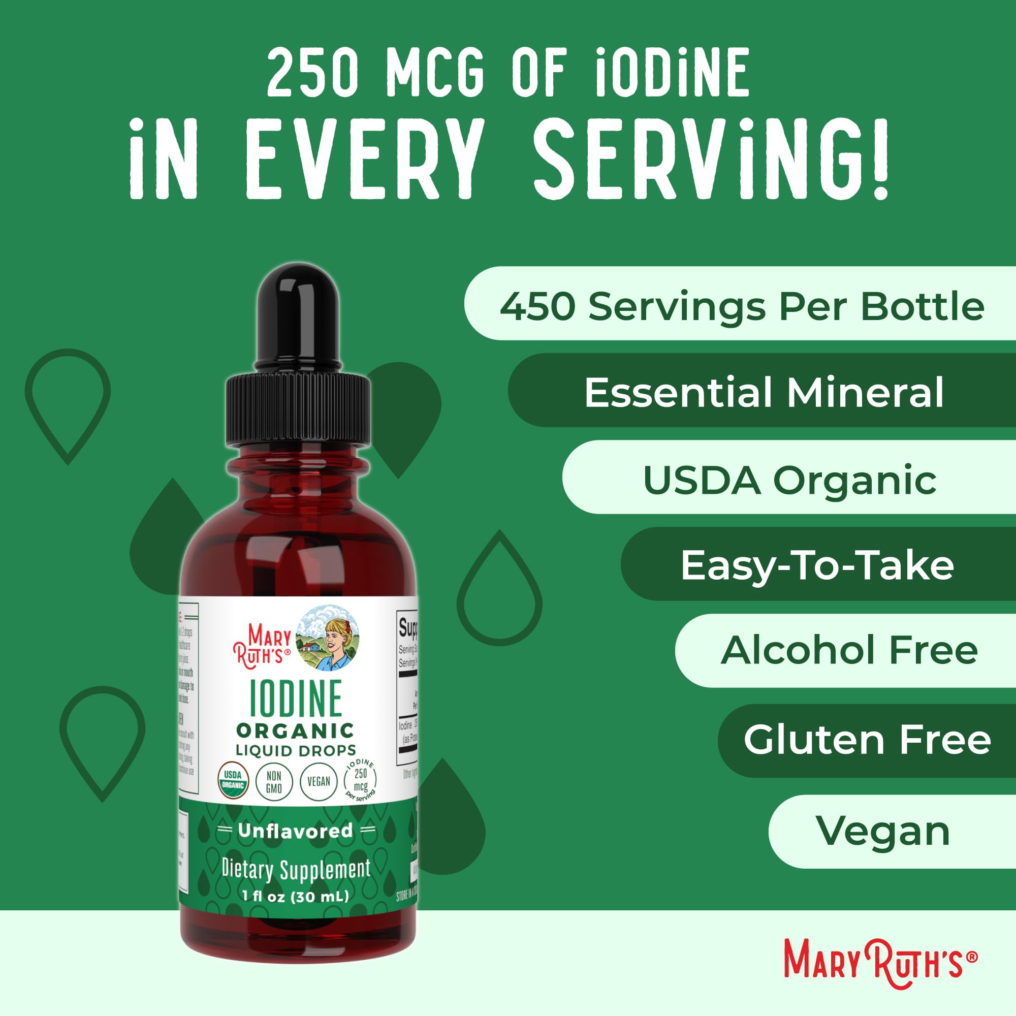 Gouttes d’iode MaryRuth’s avec étiquette USDA Organic pour une alimentation consciente.