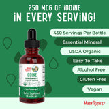 Gouttes d’iode MaryRuth’s avec étiquette USDA Organic pour une alimentation consciente.