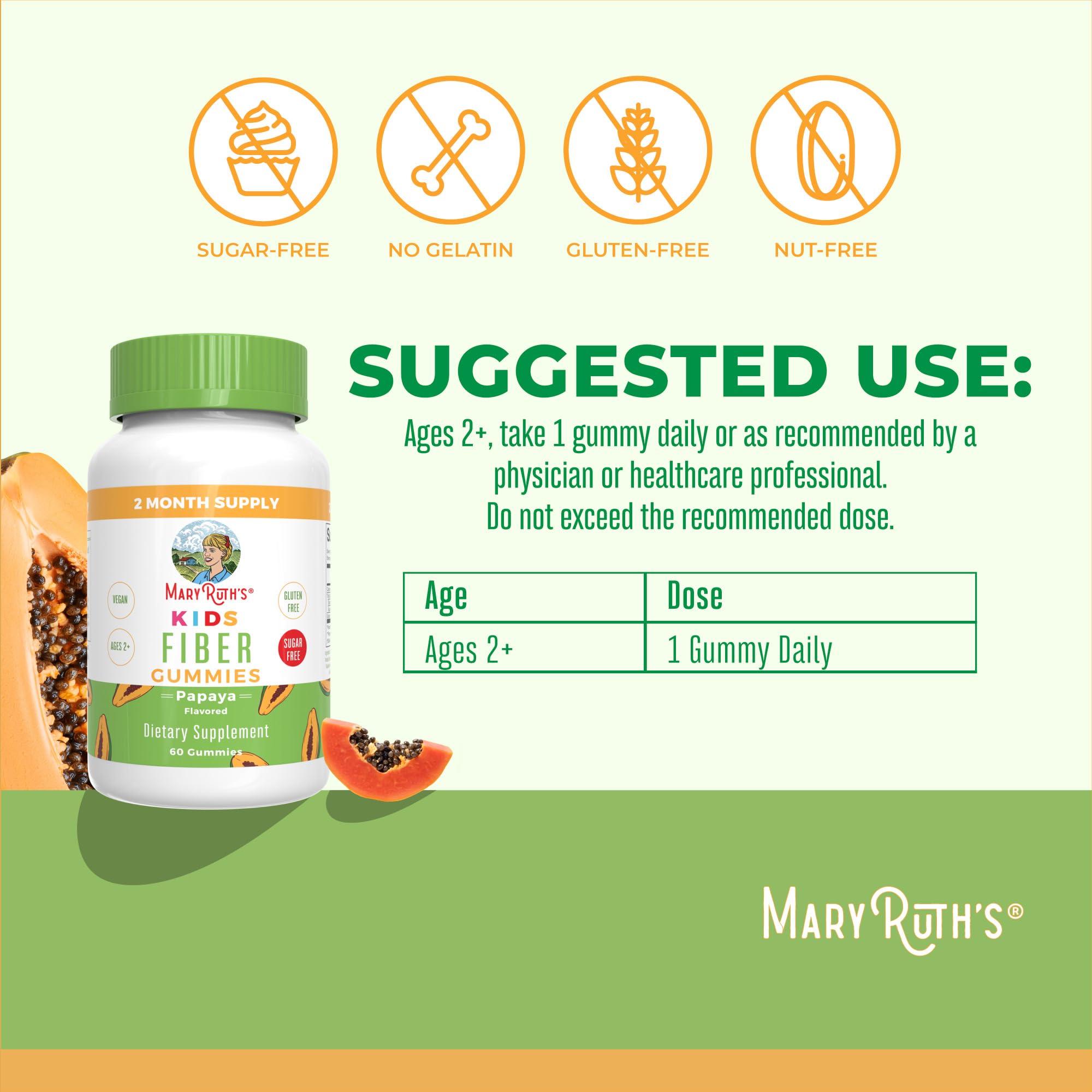 Étiquette colorée du flacon MaryRuth's Fiber Gummies — ingrédients vegan clairement affichés.