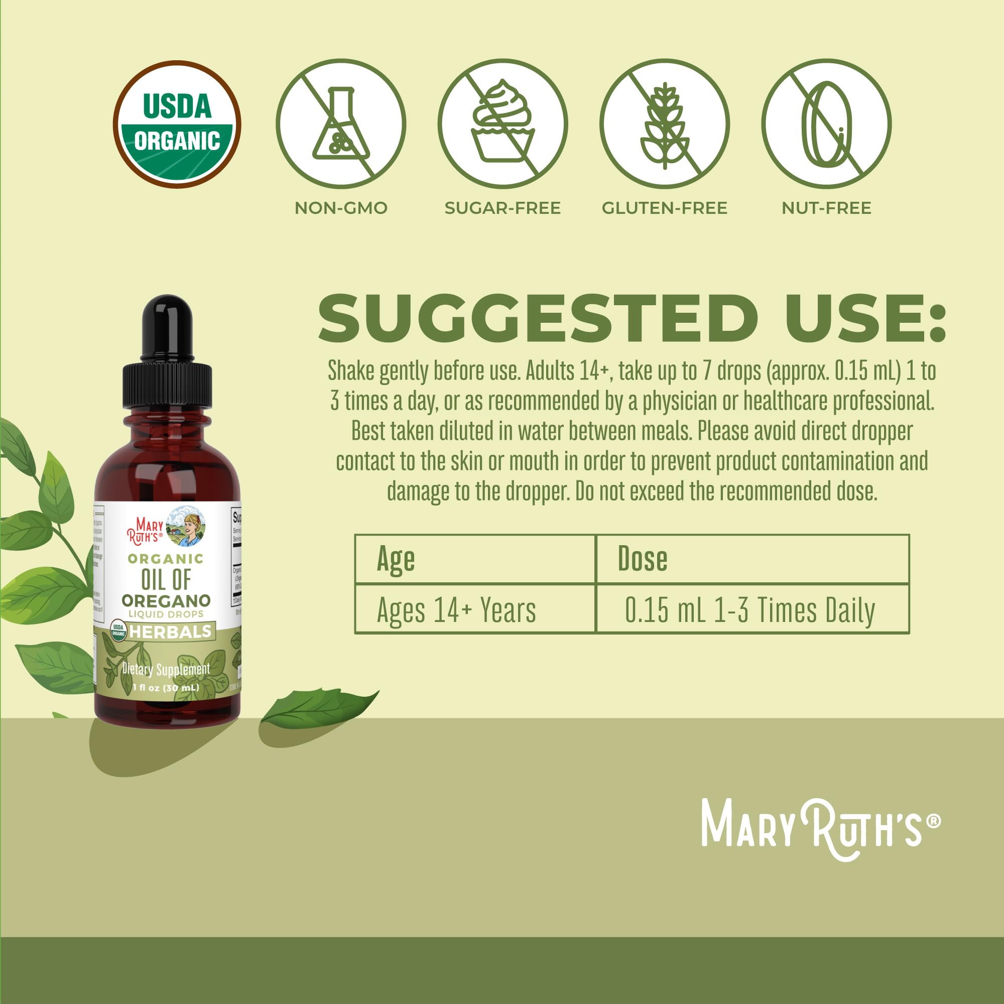 Emballage bio et vegan MaryRuth's, sans allergènes majeurs et sans additifs.