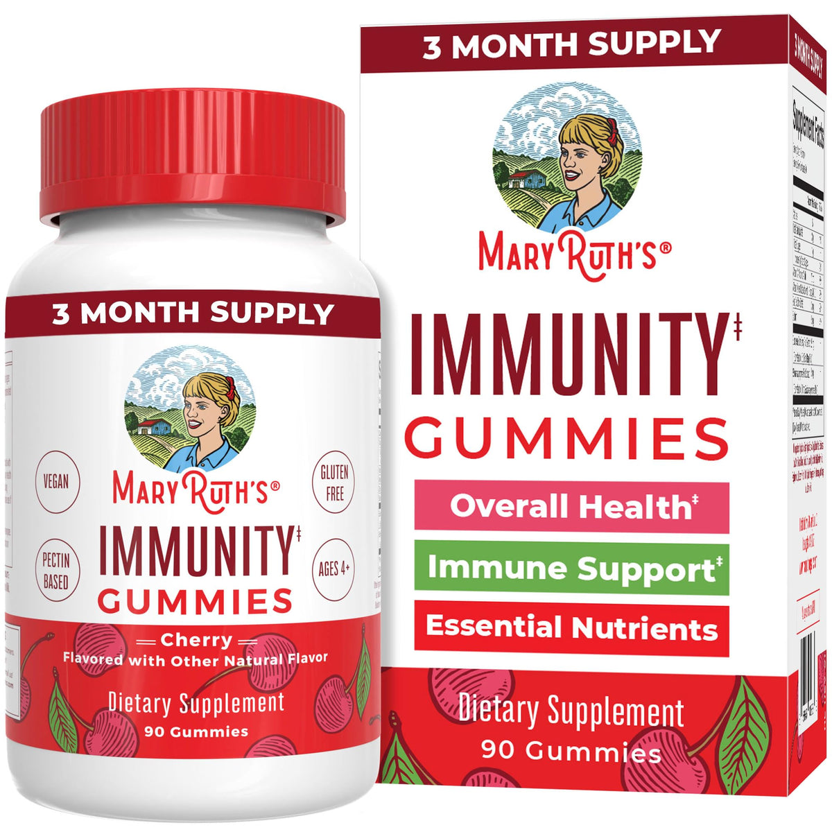 MaryRuth's Immunity Gummies – bouteille cerise, gommes savoureuses pour toute la famille.