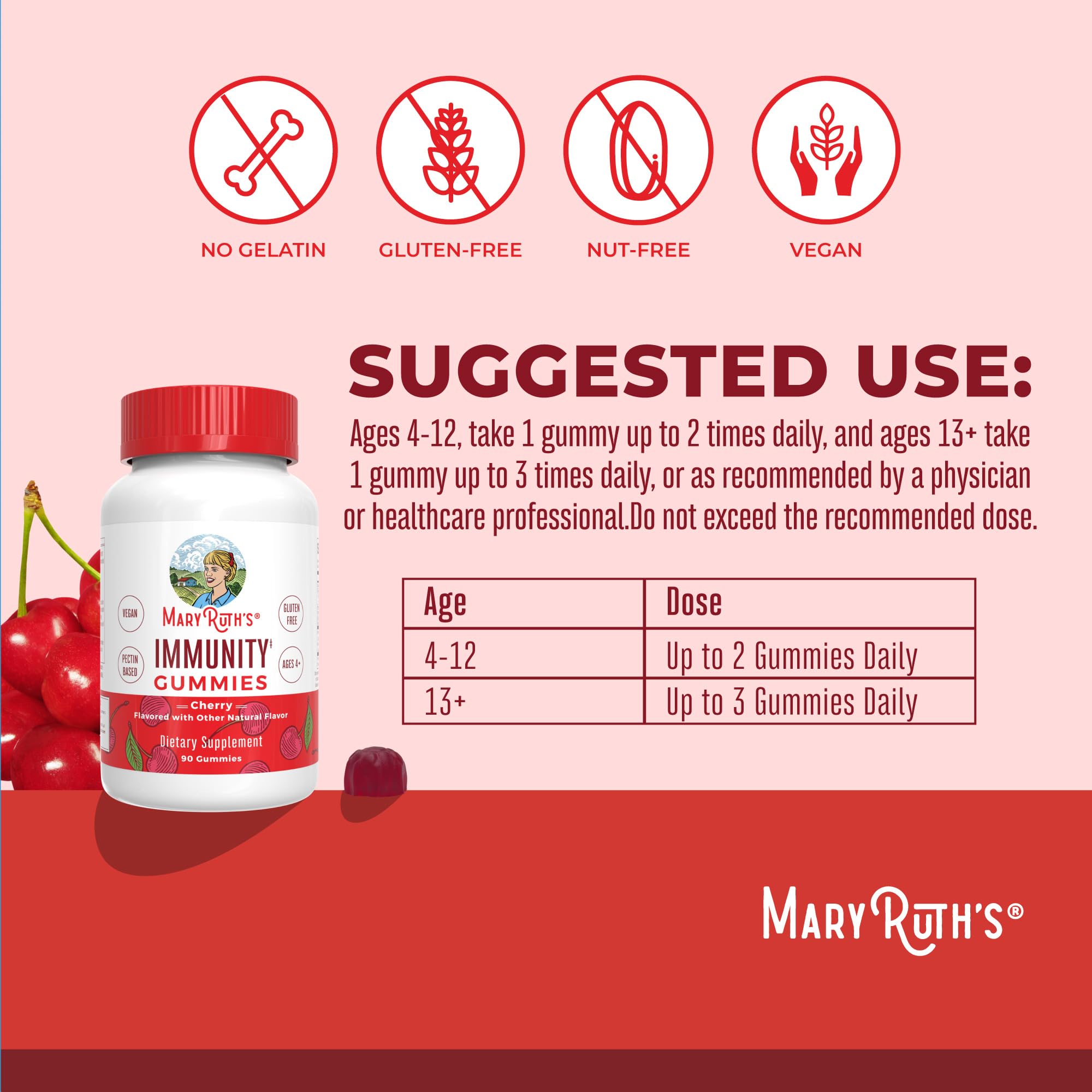 MaryRuth's Immunity Gummies – étiquette végan et base de pectine sans gélatine.