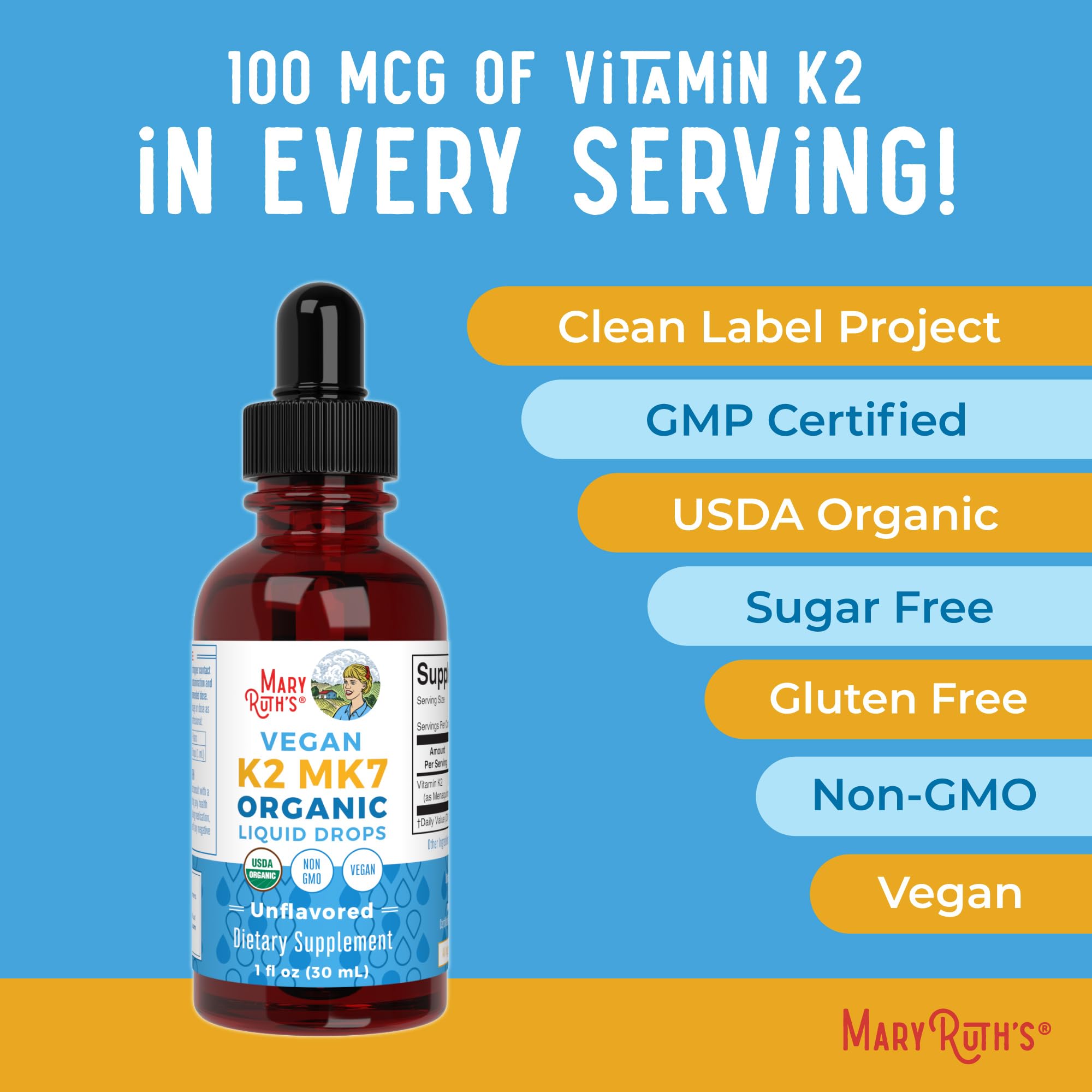 Bouteille MaryRuth’s K2 MK7 de 1 oz prête à l’emploi.