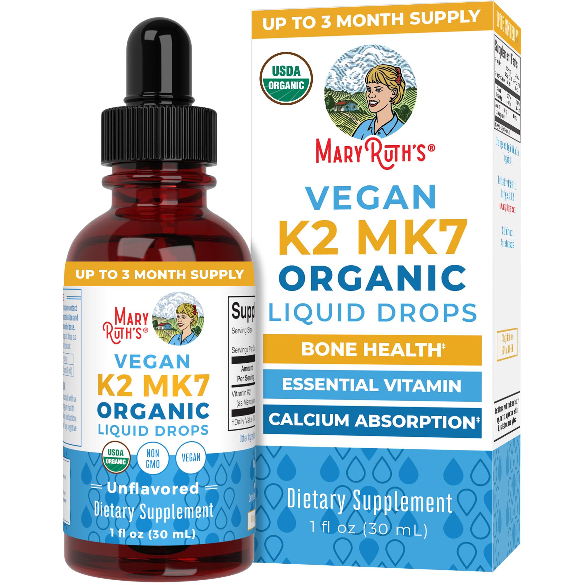 Gouttes MaryRuth’s K2 MK7 dans bouteille bio, soutien potentiel à l’absorption du calcium.