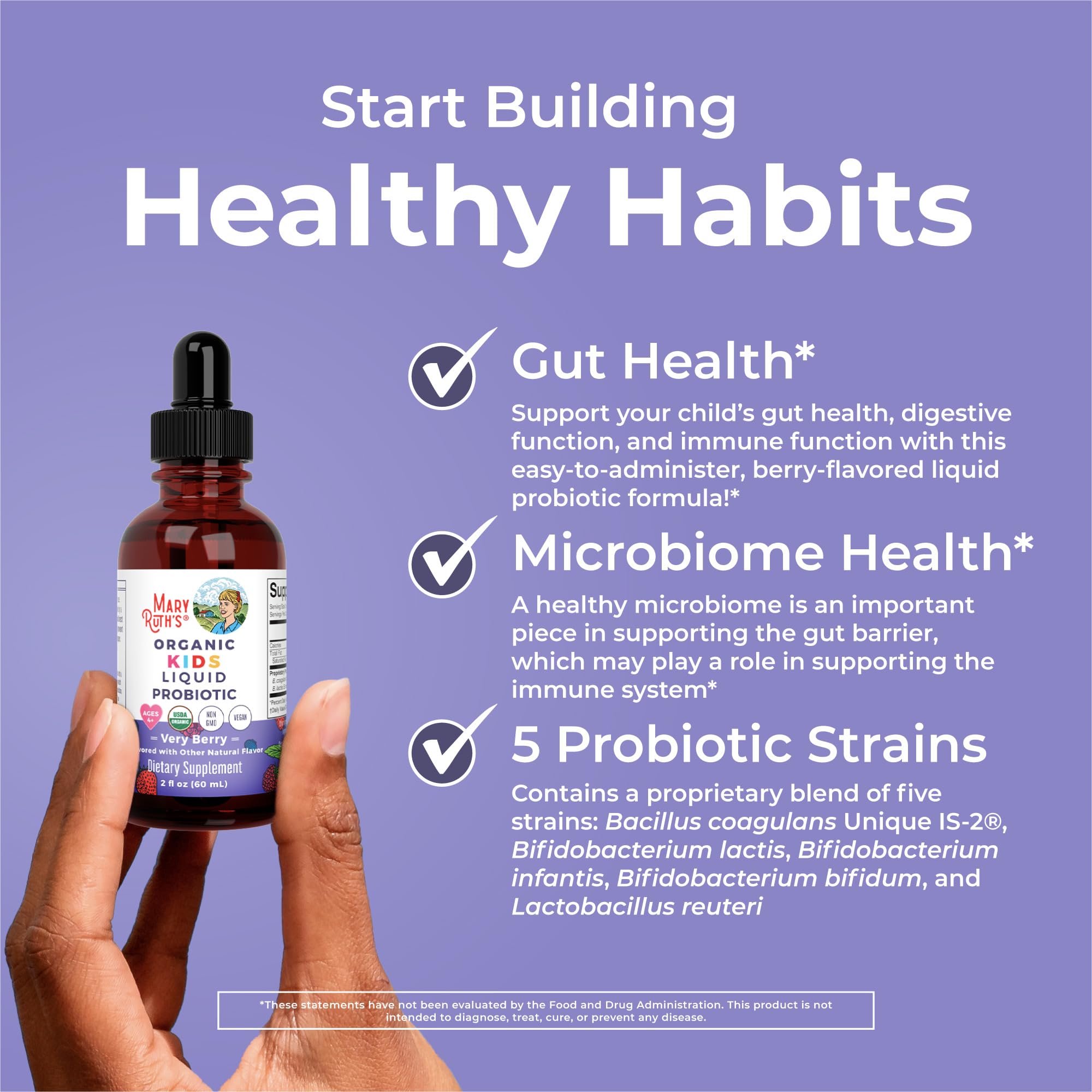 MARYRUTH'S Kids Probiotique vegan non-OGM en bouteille.